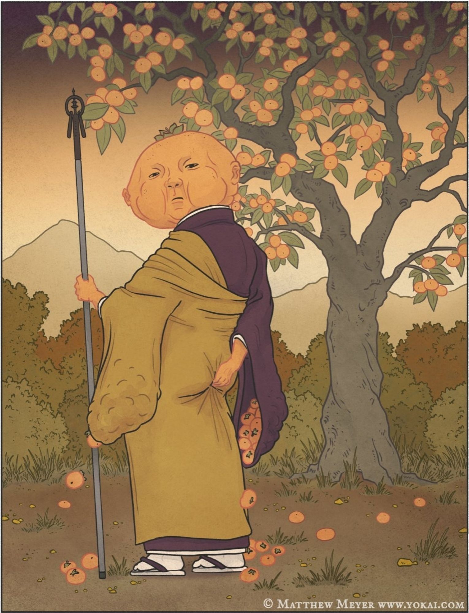 A strange creature with a very large orange head stands wearing monks robes. He holds a long staff in one hand. Beside him is a persimmon tree loaded with fruit. There are more persimmons on the ground and more in the sleeves of the monk's robe.