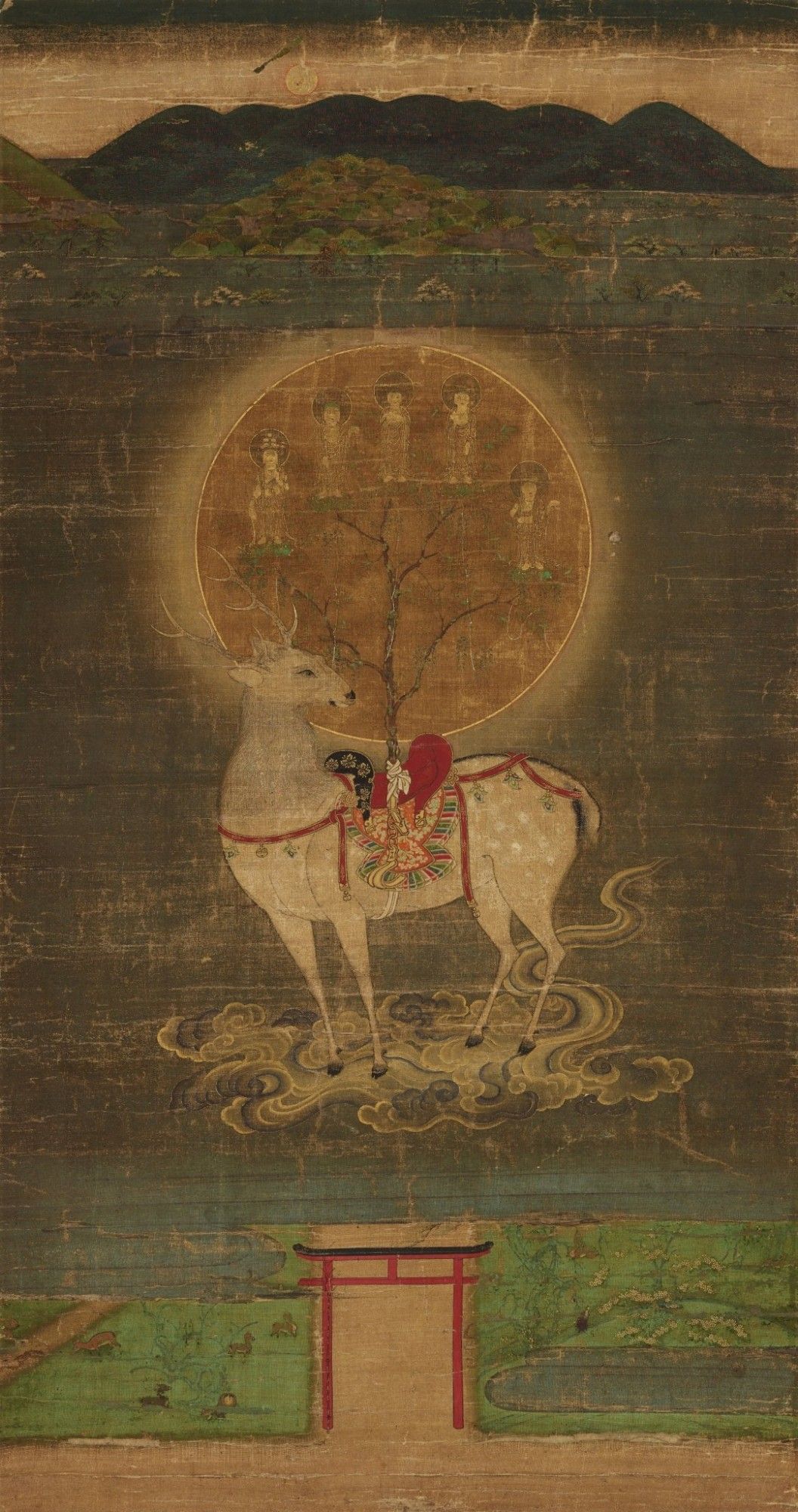 Japanese Buddhist art depicting a deer with torii below.