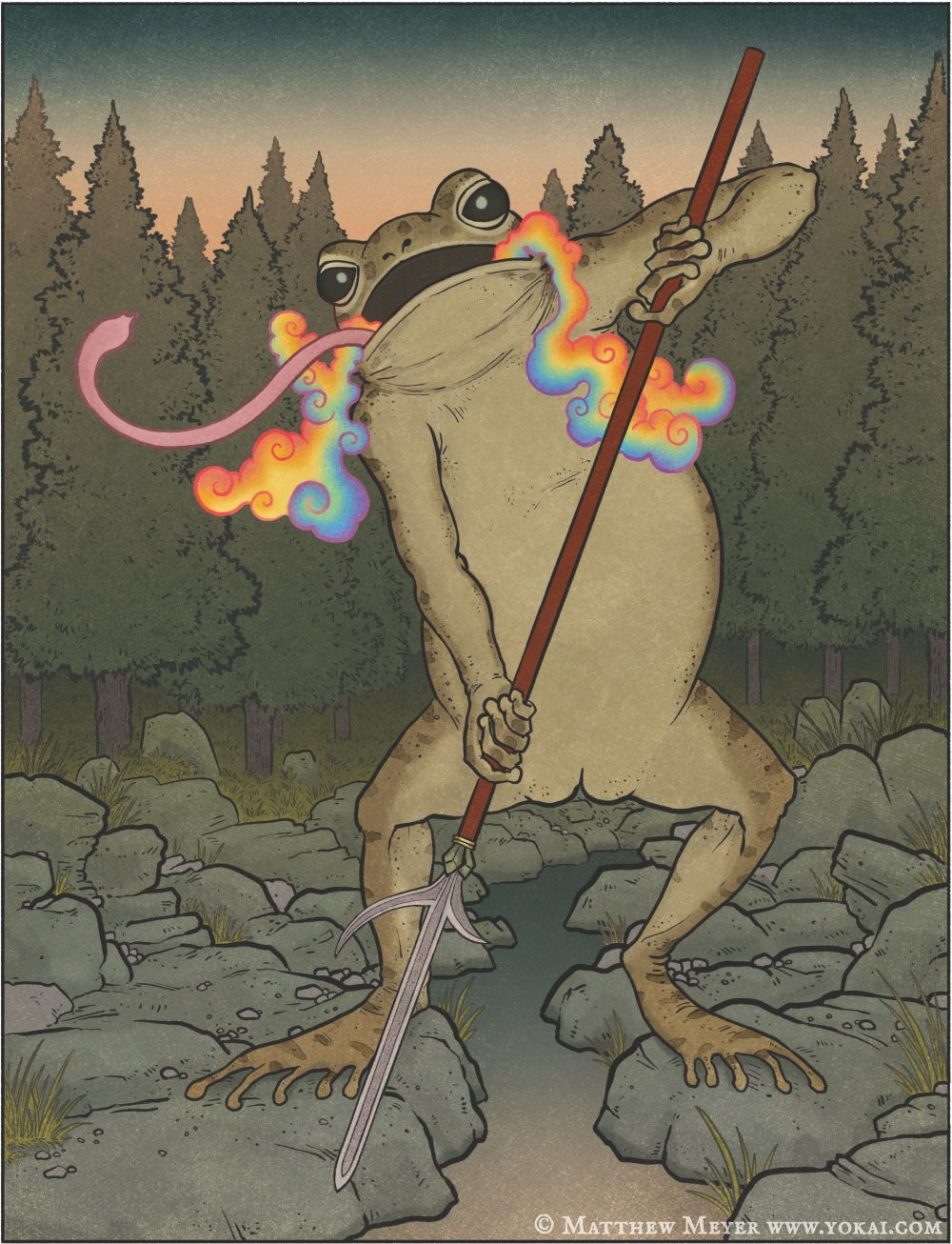 A giant toad stands in its hind legs holding a spear and breathing out rainbow coloured breath.