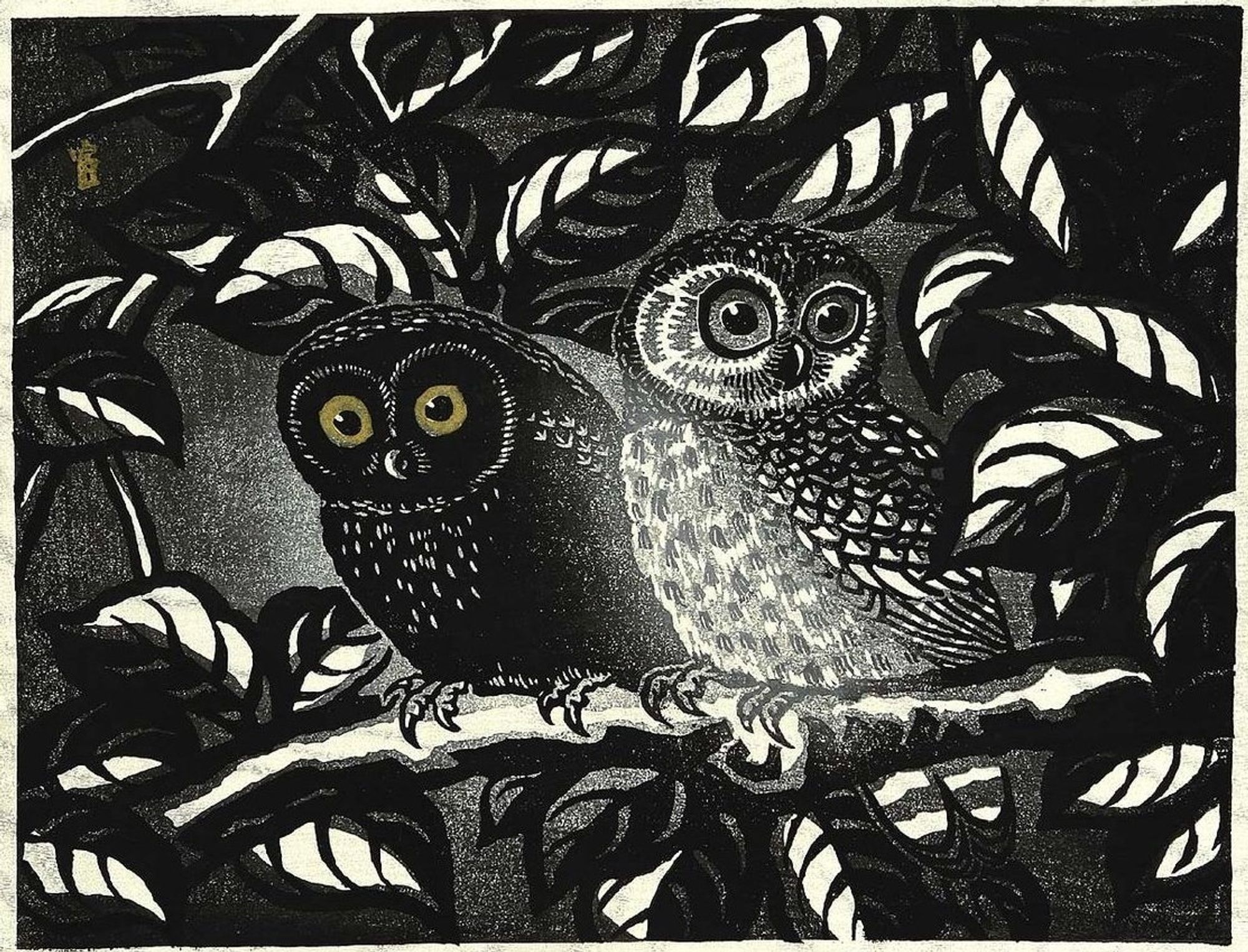 Two owls sit on a branch surrounded by leaves.