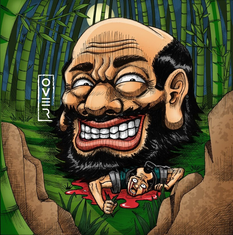 In a bamboo forest a giant grinning disembodied head is crushing a bleeding man beneath it.