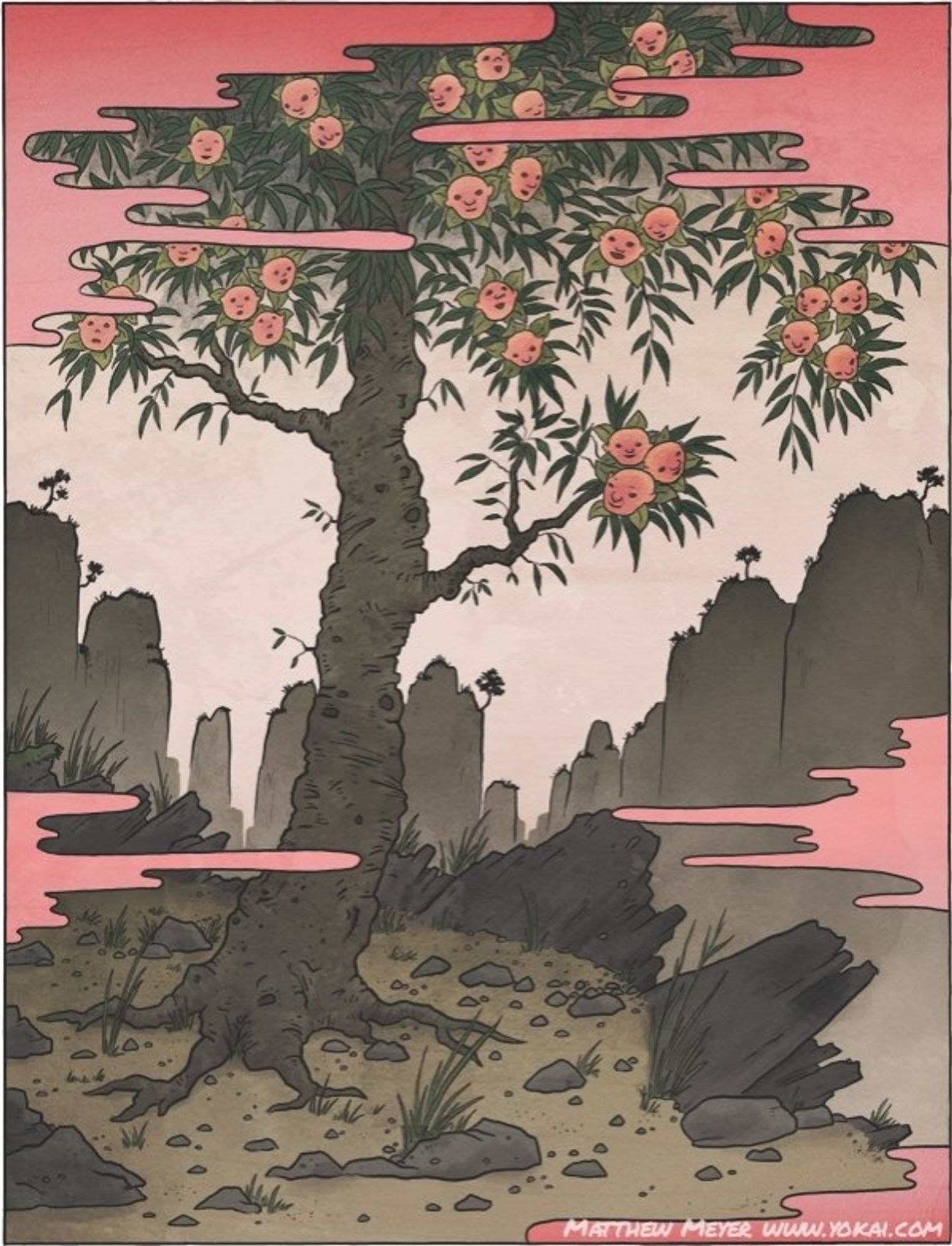 Illustration of a tree in a rocky landscape. On the tree are peach-like fruits, each with a human face.