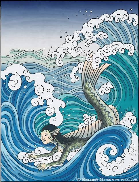 Illustration by Matthew Meyer of a creature with a human head and fish body riding atop a wave in the sea.