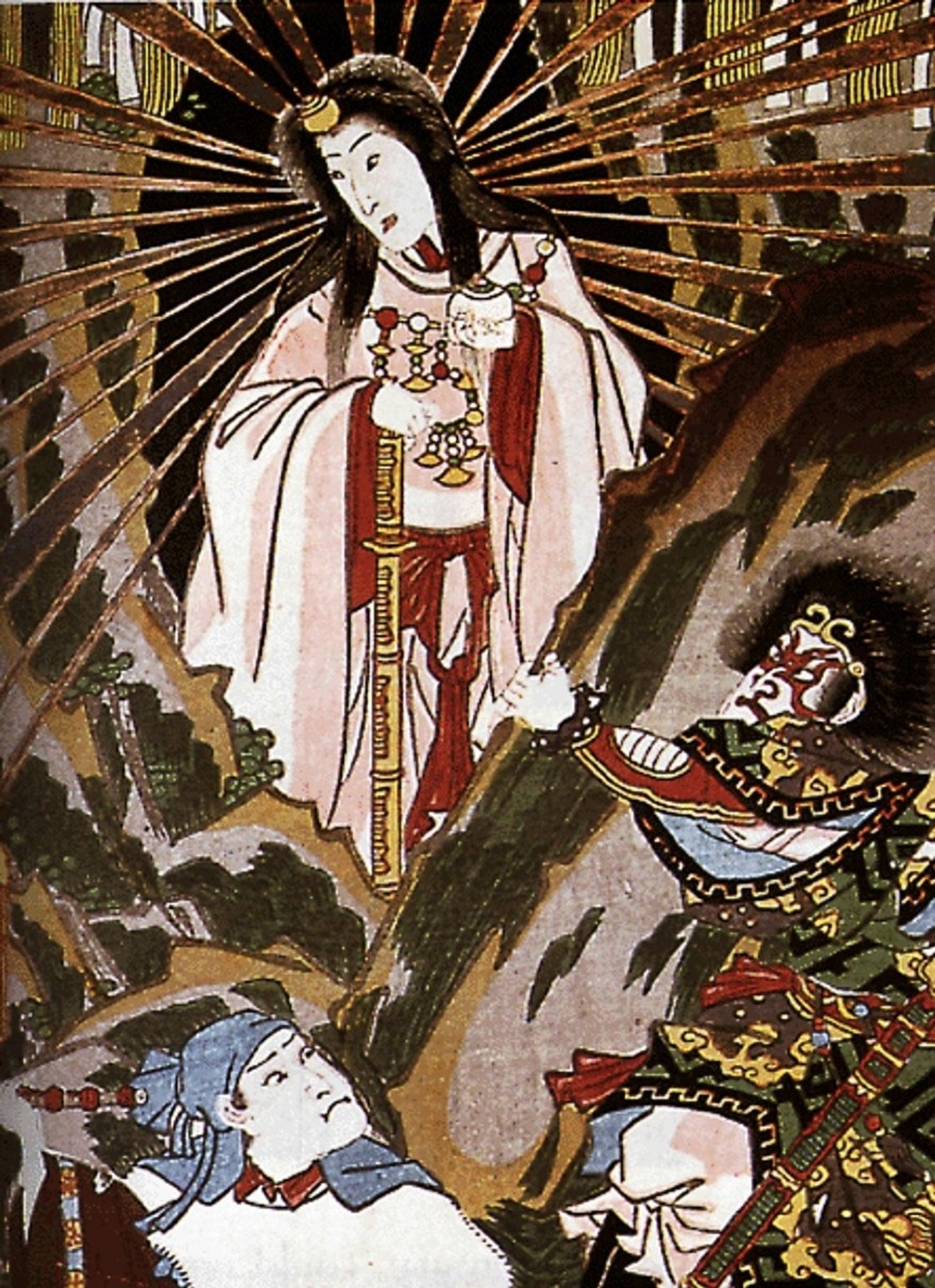 The goddess Amaterasu emerges from a cave radiating beams of light.