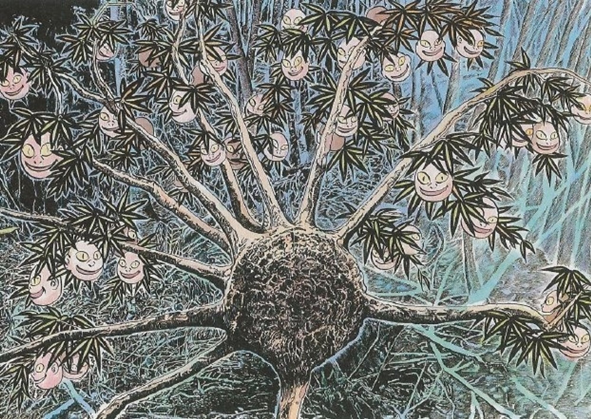 Illustration by Shigeru Mizuki of a tree with round fruits each with a human face.