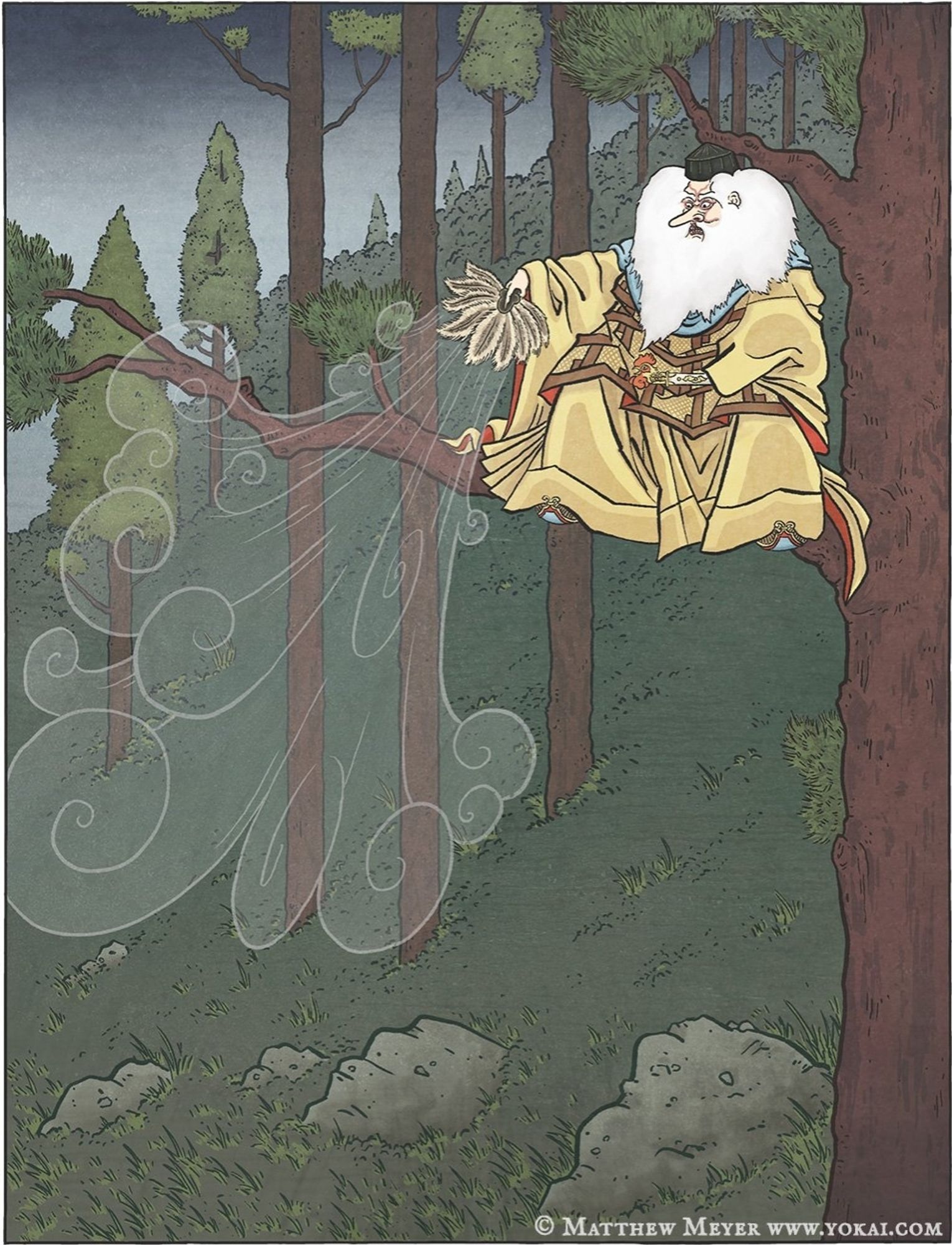 A human-like creature with white hair and a long nose sits in a tree in a forest. He is waving a fan which causes wind to blow.