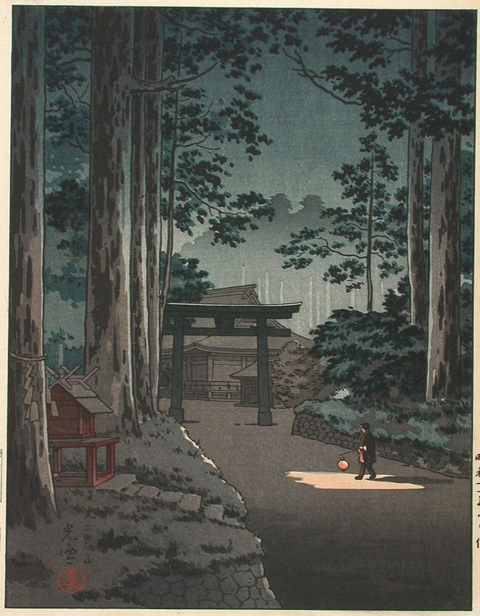 Japanese print depicting a temple at night. There are tall trees looming above. A person walks along a path holding a lamp casting a pool of light around them.