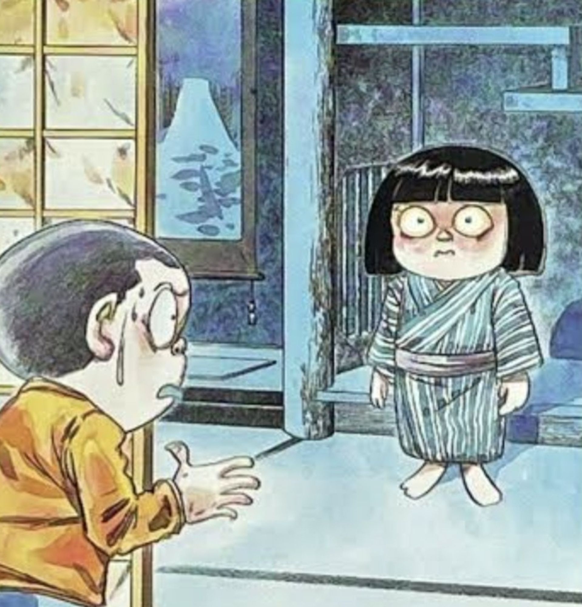 A young girl dressed in a blue striped robe with wide eyes is standing still. A boy looking at her appears shocked and scared.