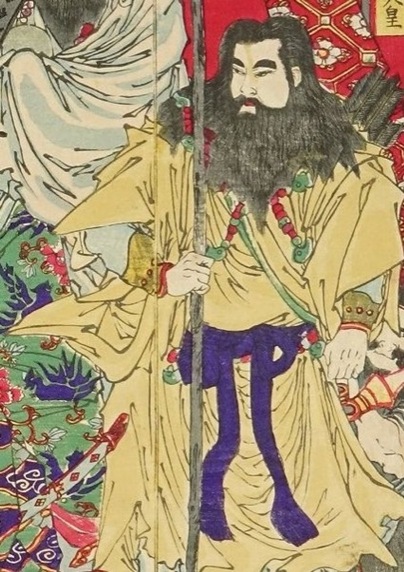 Japanese ukiyo-e print depicting a bearded man in a yellow garment tied with purple sash.