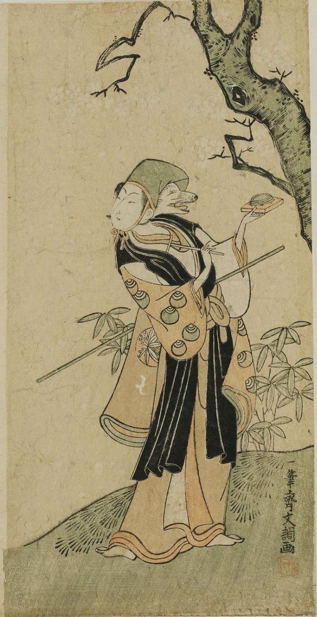 Japanese ukiyo-e print depicting an actor wearing a fox mask as described.