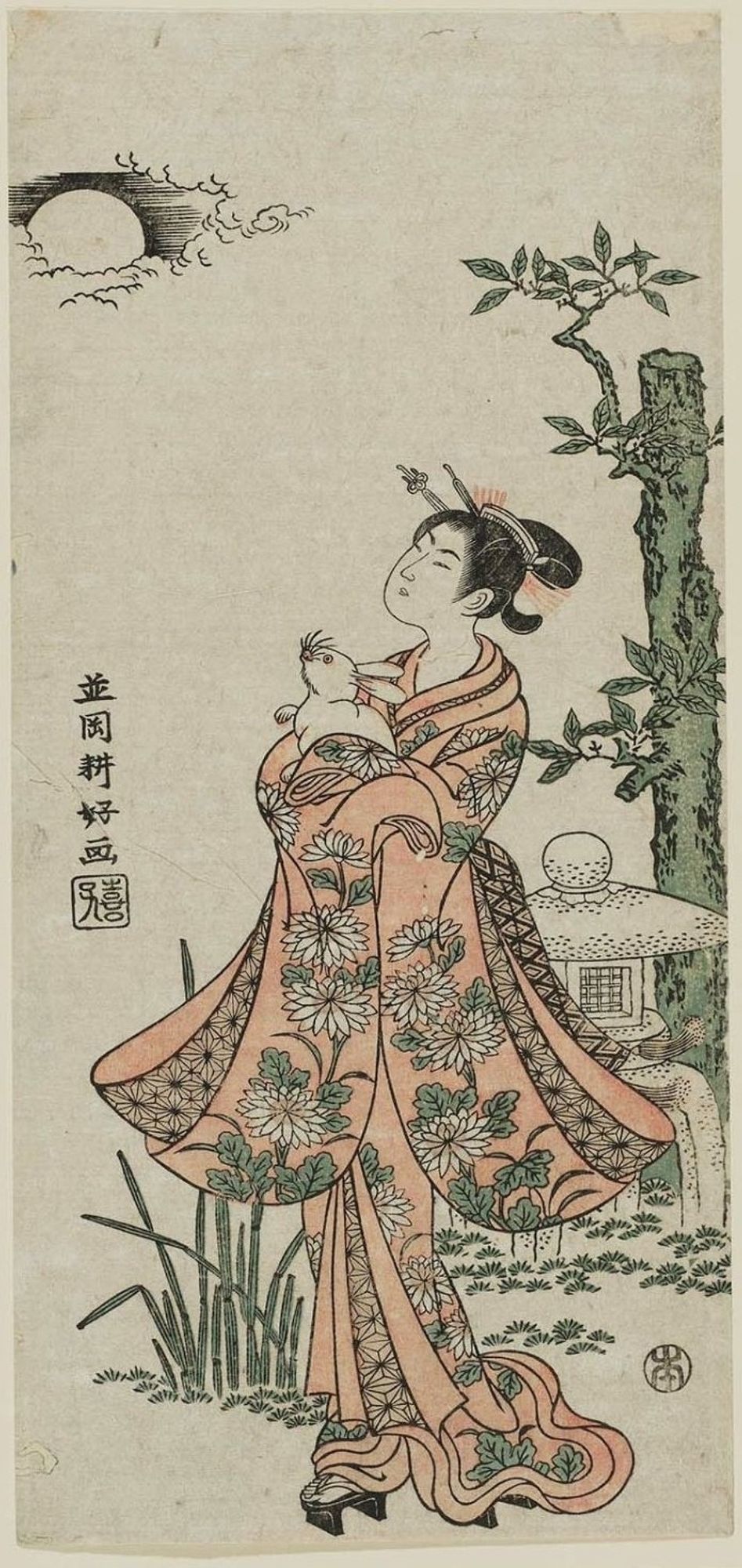 A woman in traditional Japanese dress stands holding a white rabbit in her arms. They are both looking up at the moon partially obscured by clouds.