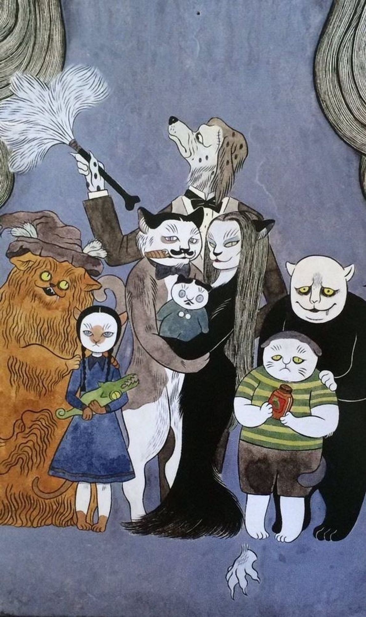 An illustration of characters from the Addams Family with cat faces.