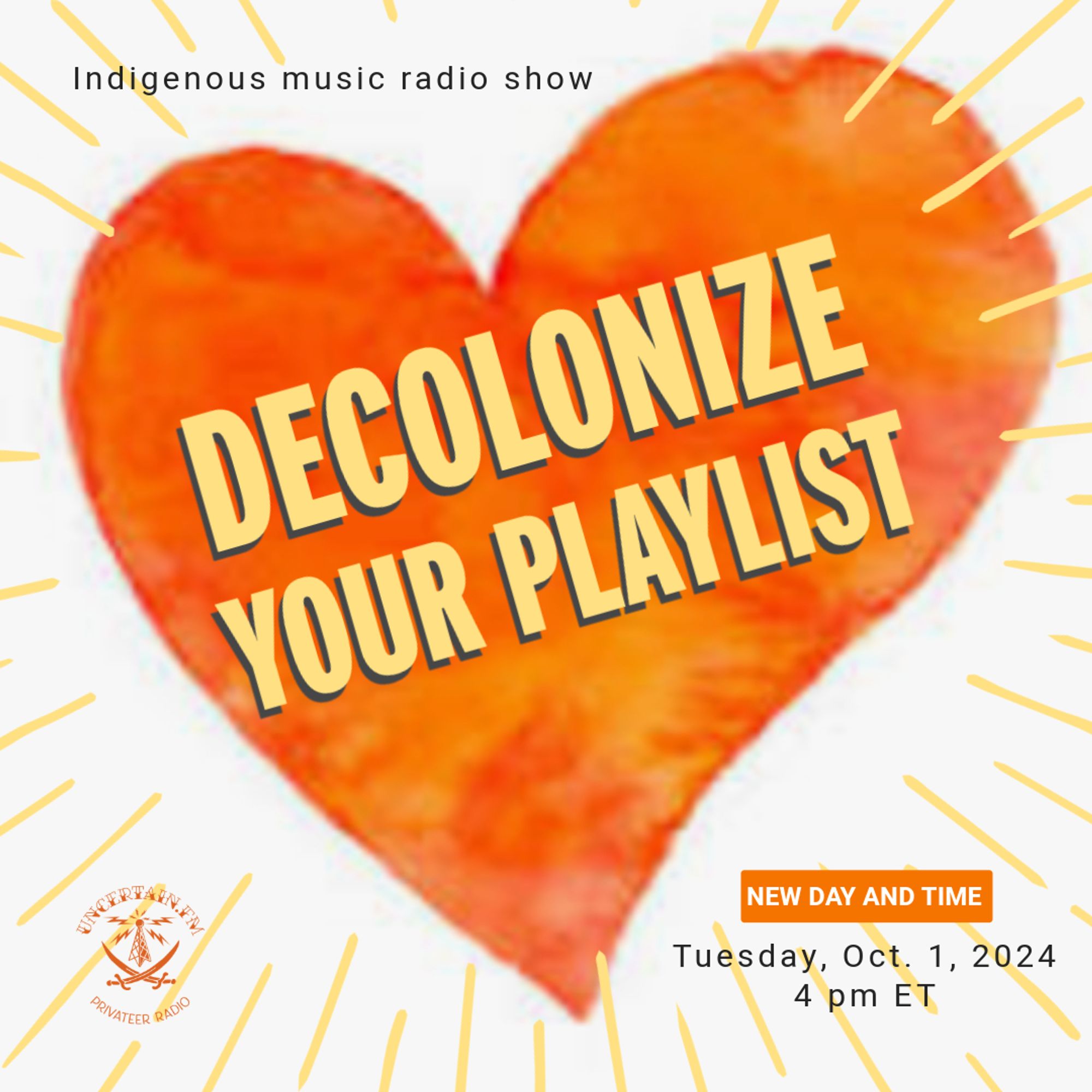 Indigenous music radio show Decolonize Your Playlist, Tuesday Oct. 1 at 4pm Eastern.