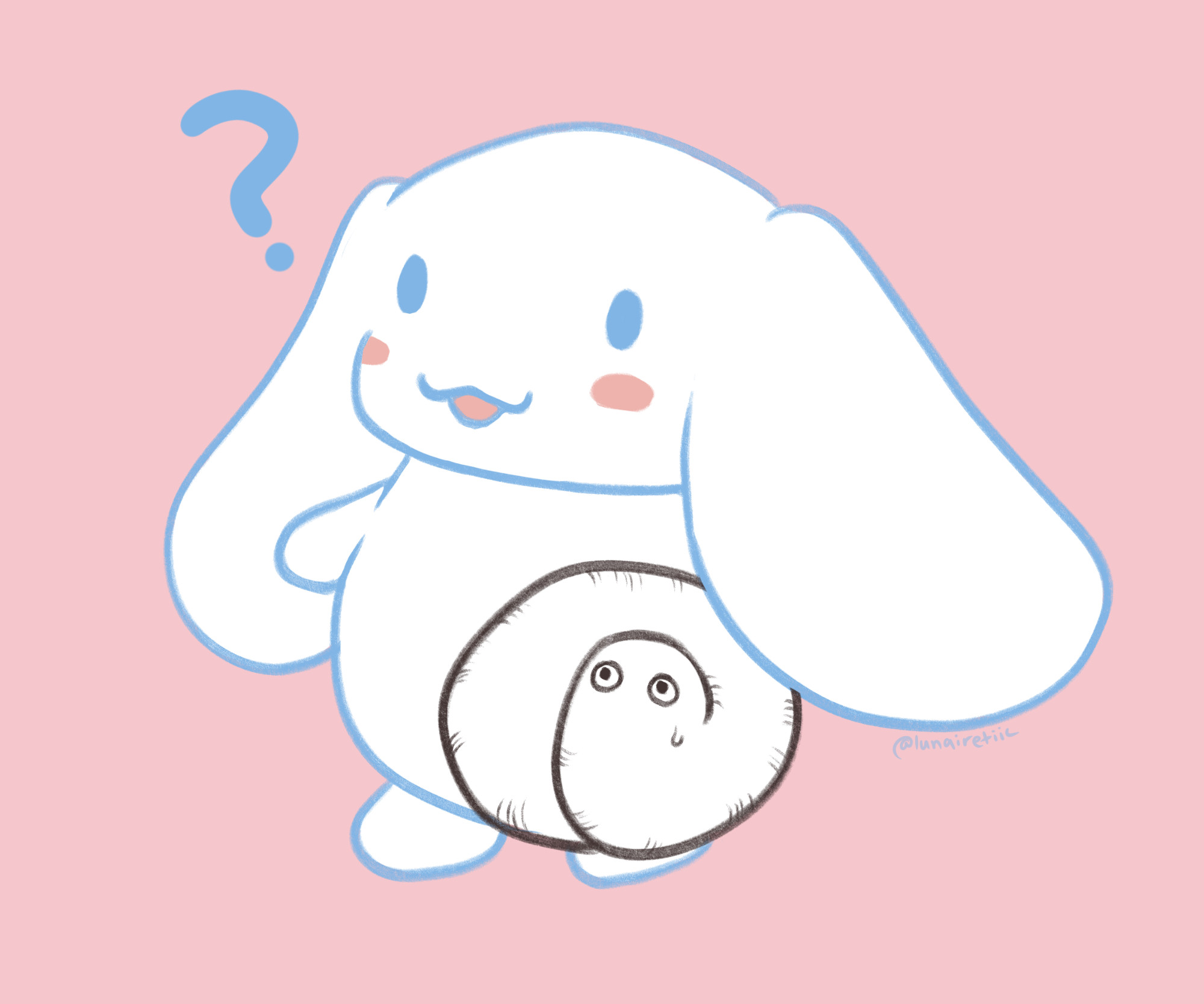 cinnamoroll on a light pink background, looking behind him at a brushbuddy disguised as his tail