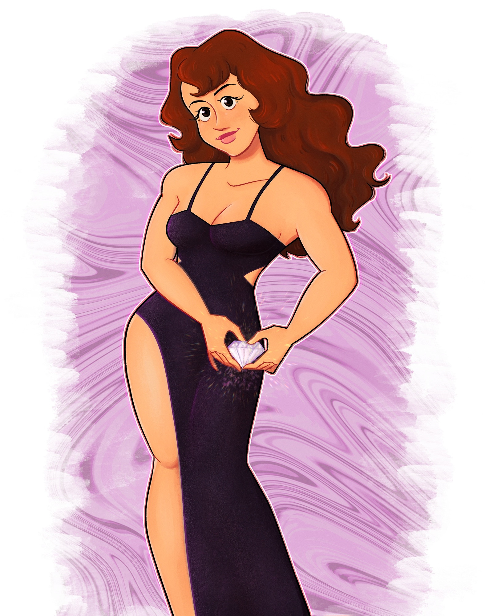 Digital fan art of Fujiko from Lupin III. she is smiling and holding a diamond by her hip. She is standing in front of a white and purple background