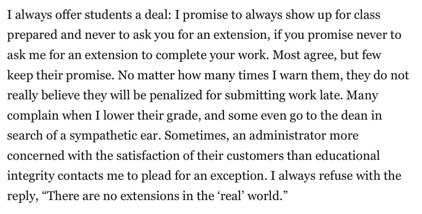 Screenshot from the article, where Taylor complains that ‘few [students] keep their promise’ to never ask for an extension on the deadlines for their classwork.