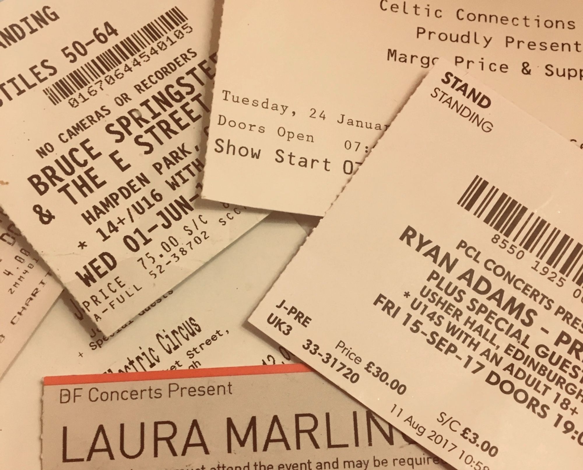 A selection of random gig tickets (not mine) for artists like Laura Marling & Bruce Springsteen