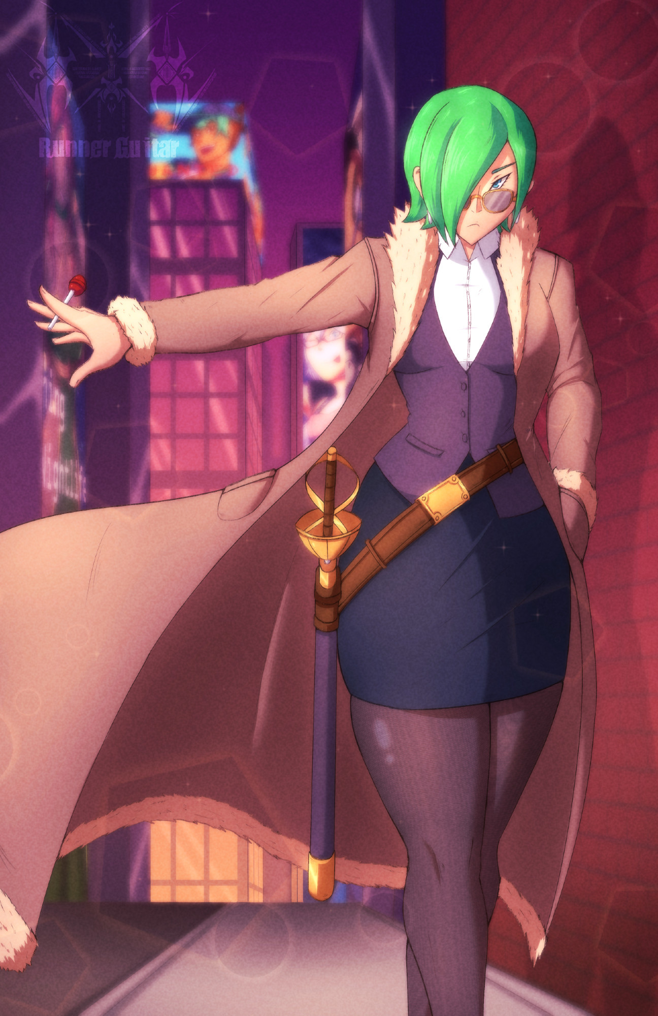 A tall green haired woman in a bartender outfit, walking through the city, serious look in her eyes, as she shows off her fencing sword under her cloak.