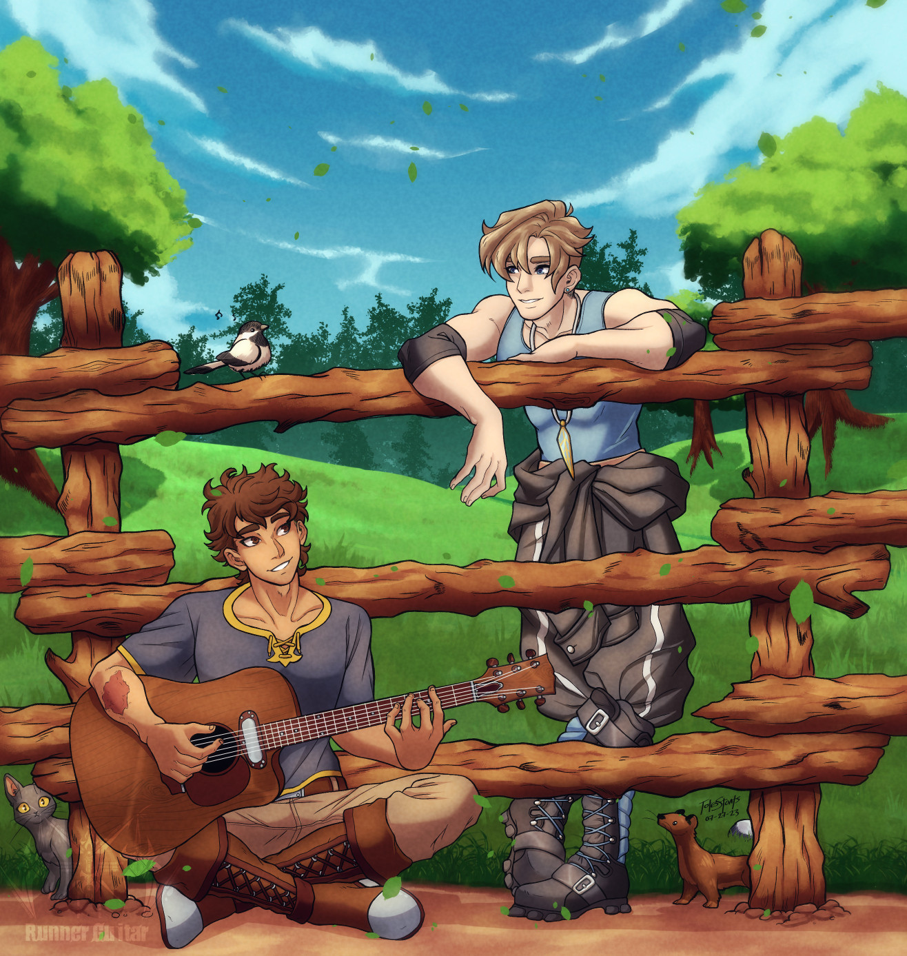 Two men relaxing at a farm, one playing guitar as they talk, blue skies over head.