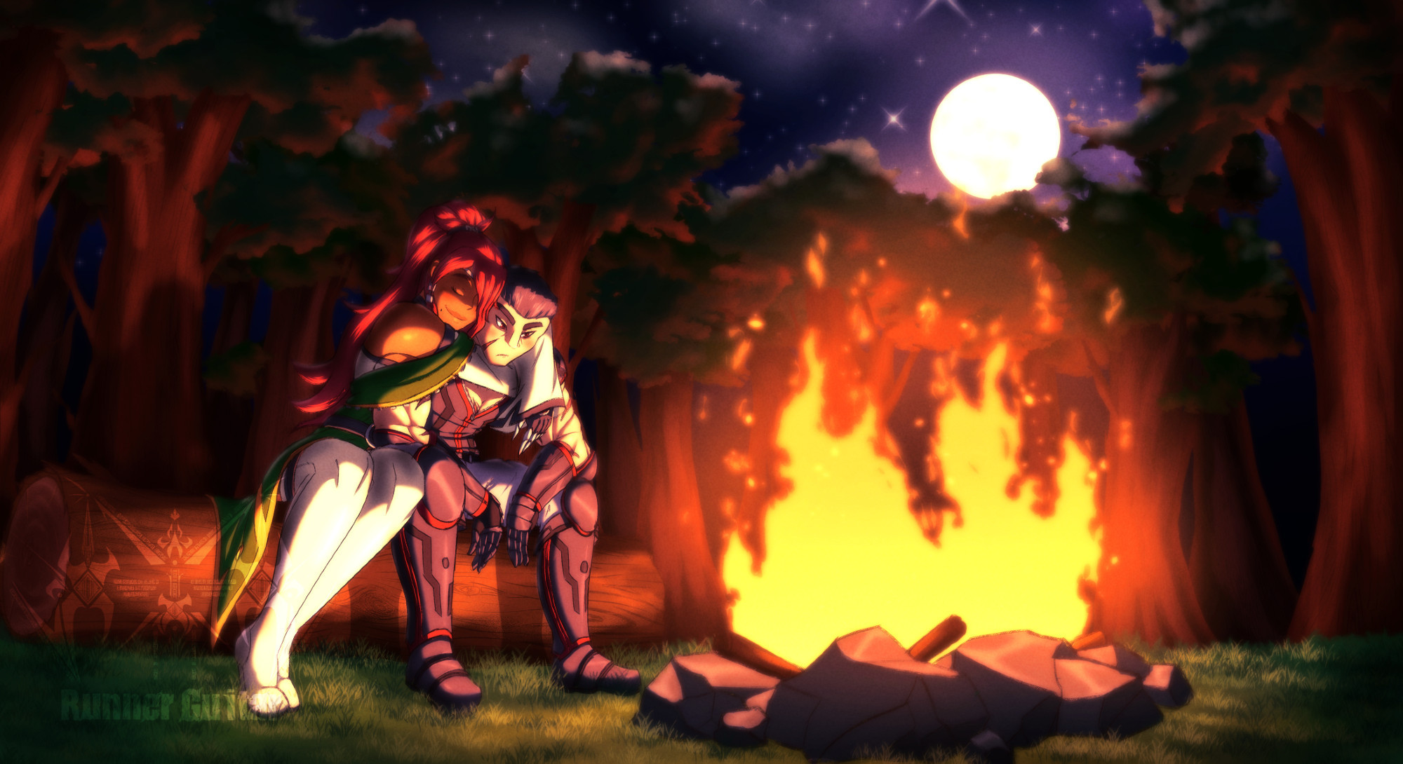 Two friends hug by a fire place. The woman, Lan, happily hugs her best friend, Etil. While he doesn't return the hug, his face turns red, allowing her to rest on him.