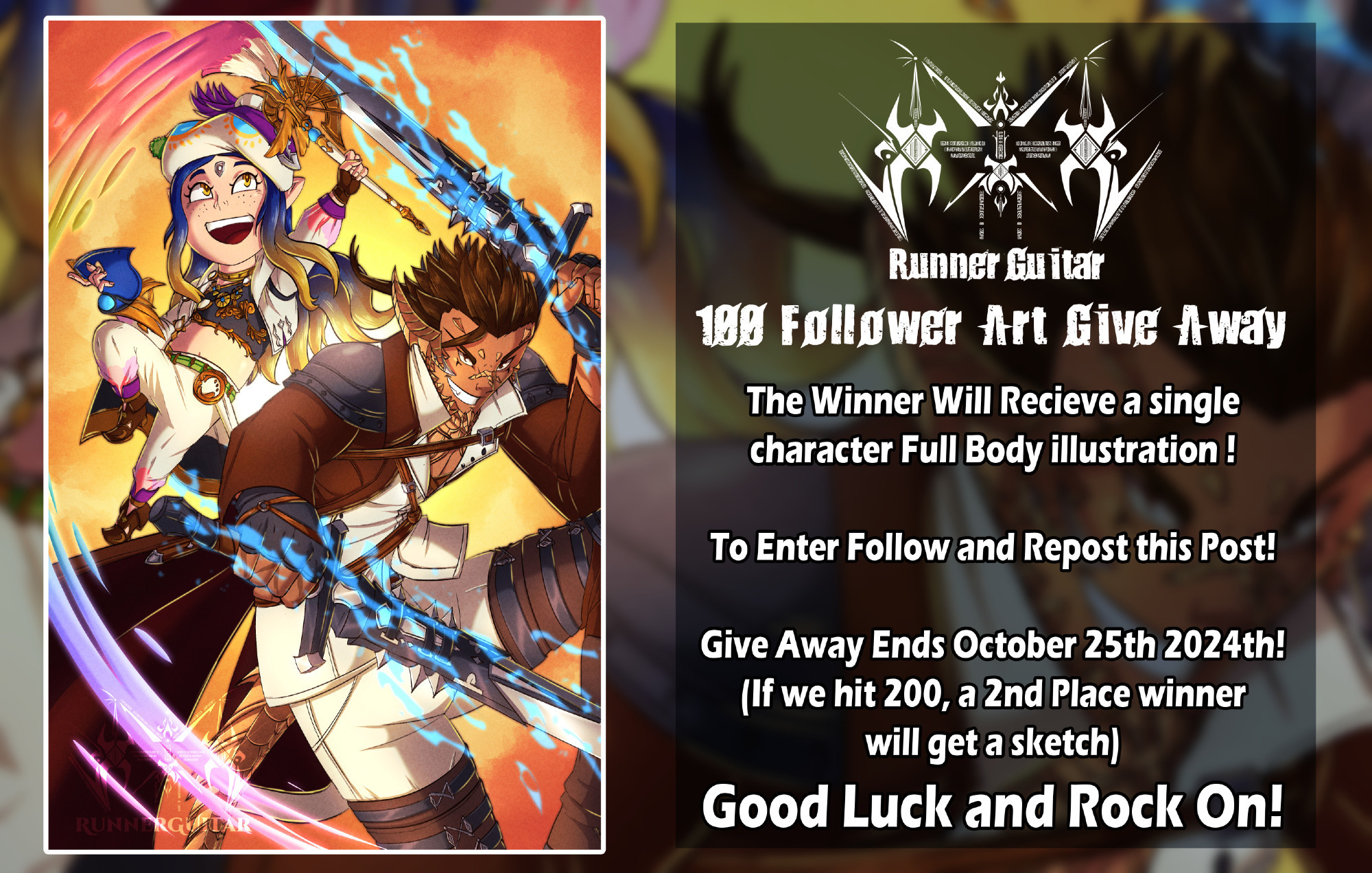 An Art Giveaway. To enter, Follow and Repost. You will get a one character full body illustration.