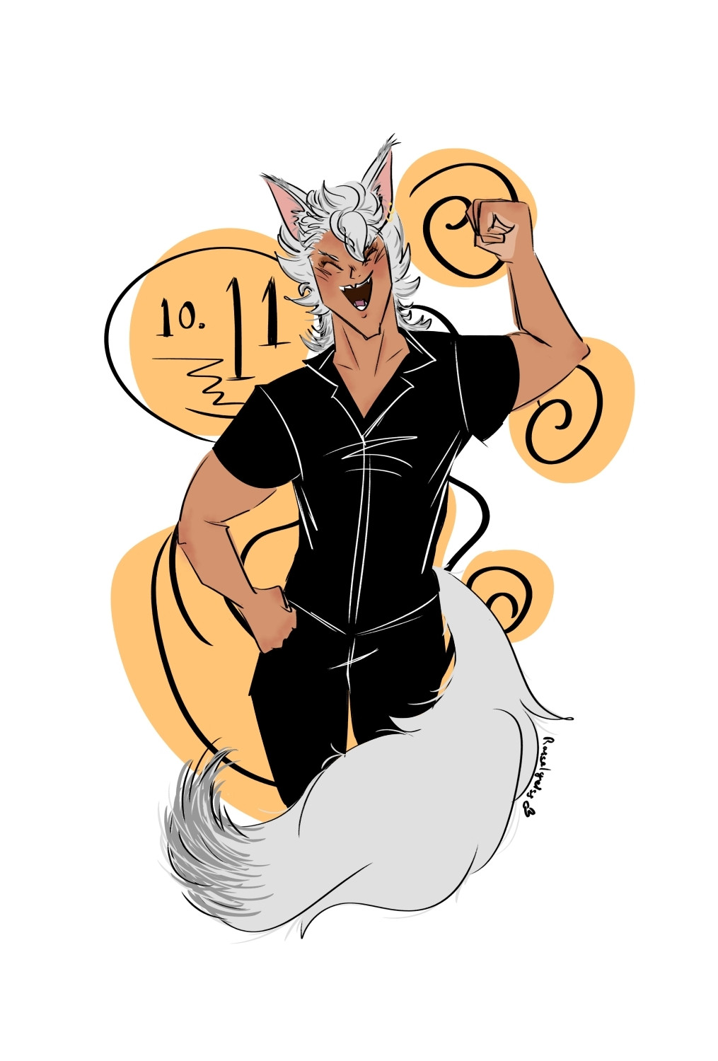 A drawing of a character from Twisted Wonderland, Jack Howl.

Jack grins big, eyes closed, right hand on his hip and left in the air. The background is painted in yellow and black, in the shape of a pawprint. '10.11' is written in the background.