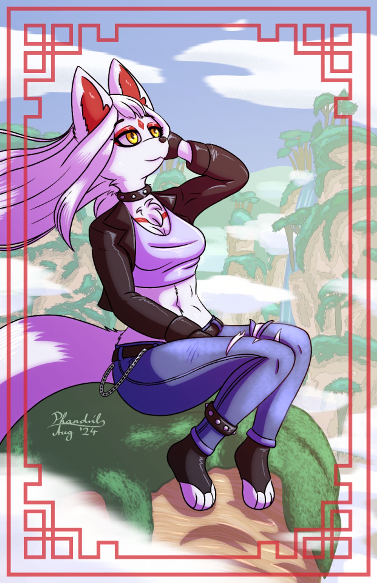 Satomi in her casual outfit sitting on a breezy cliff and enjoying the day