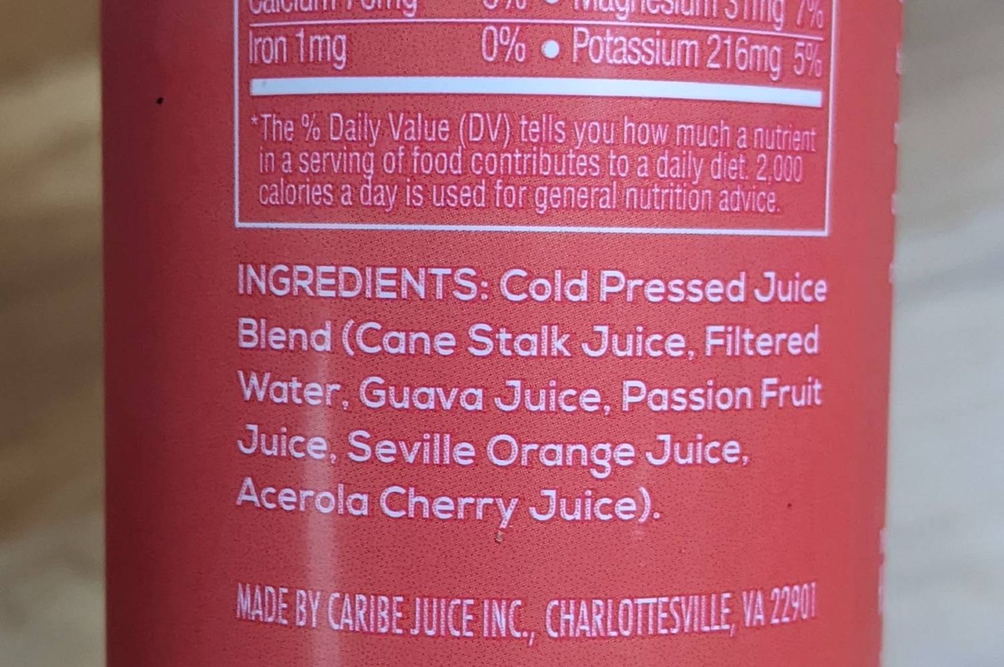 Ingredients: Cold Pressed Juice Blend (Cane Stalk Juice, Filtered Water, Guava Juice, Passion Fruit Juice, Seville Orange Juice, Acerola Cherry Juice).