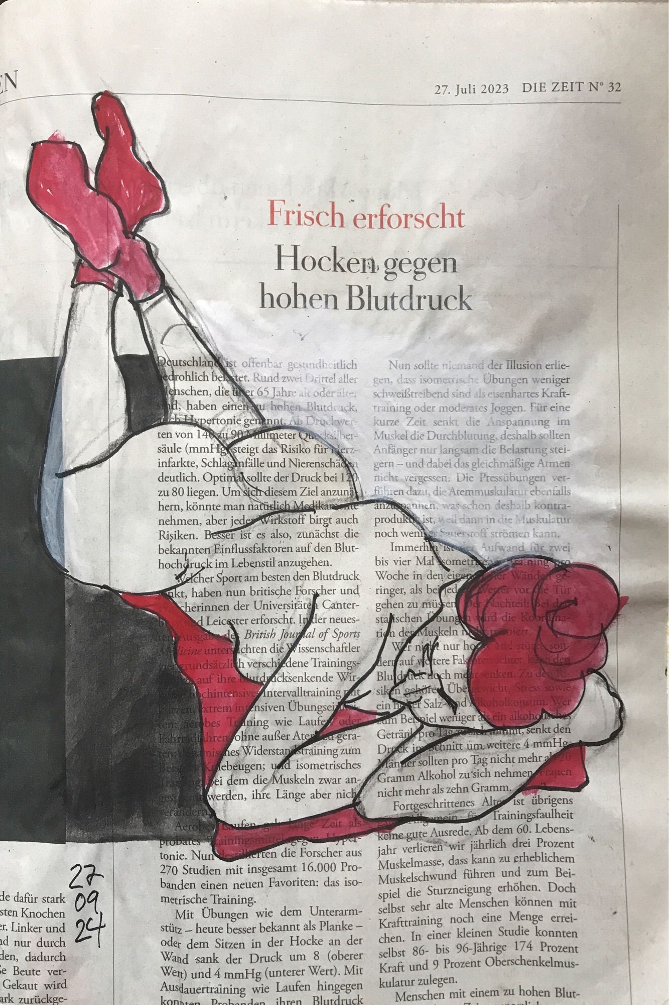 Auf dem Bauch liegender weiblicher Akt auf Zeitung mit Text wie Post-Text