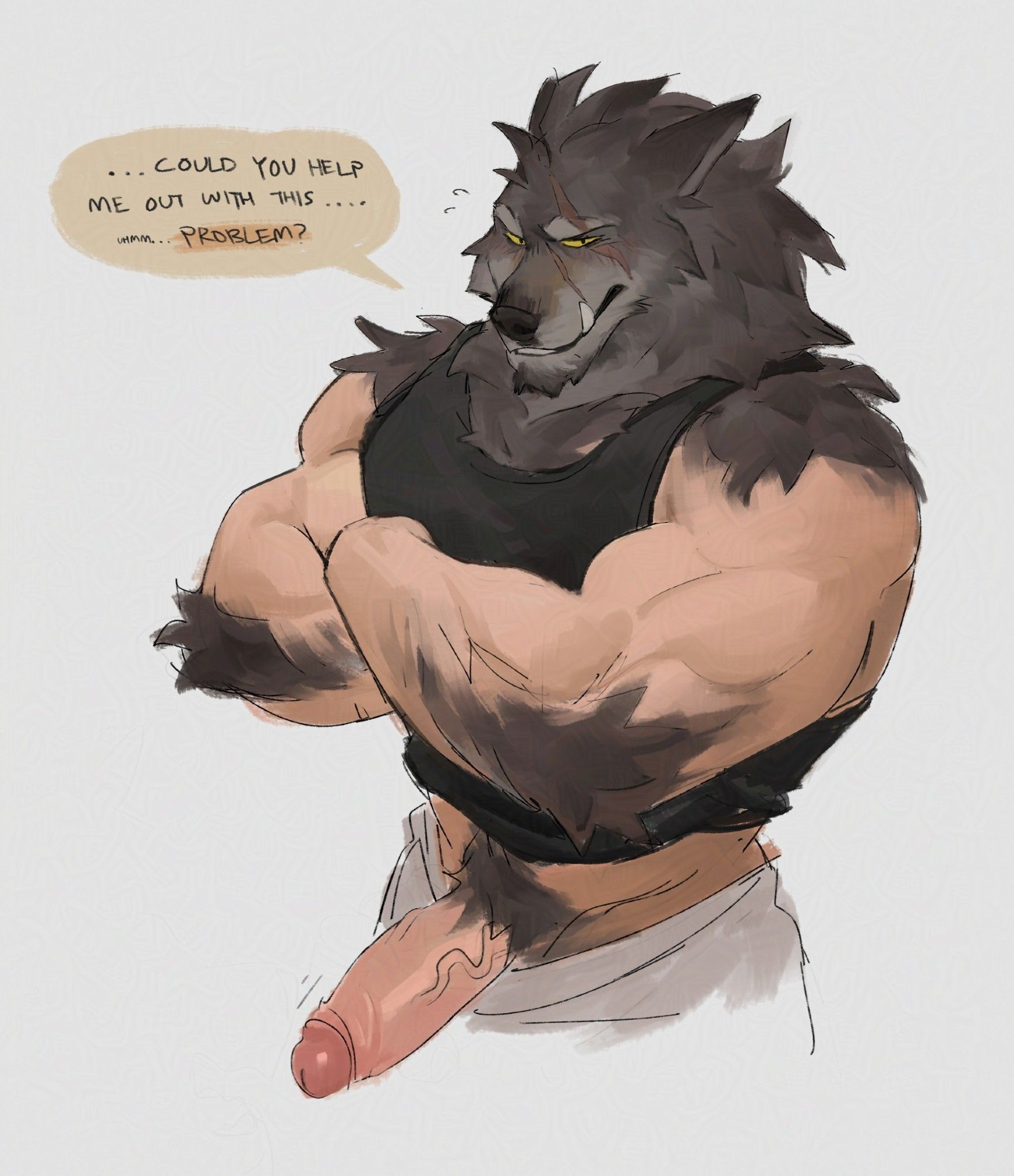 big muscular werewolf had his throbbing dick out, asking for a helping hand