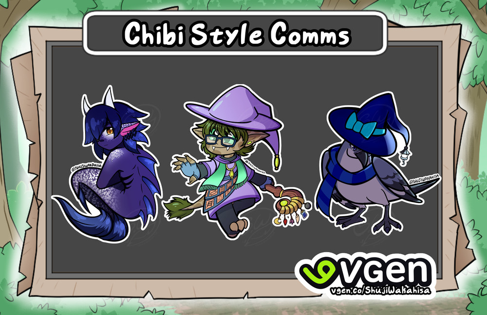 Chibi Style Characters drawn by Shuji! 
Characters from left to right are Enel a fish character owned by YuriMeBloody, Lychen Lightheart a mage with a staff full of trinkets owned by BreeManaArt, and Kiiriyune's old bird sona with a magical hat on their head.