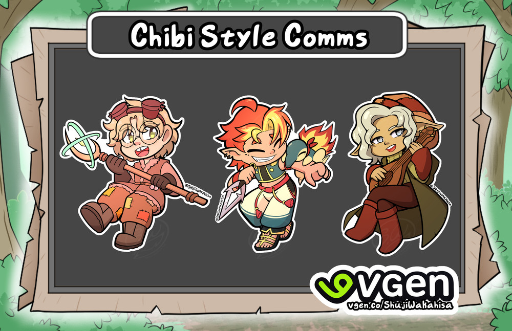 Chibi Style Characters drawn by Shuji! 
Characters are Dr. Axel O. Lotl owned by Lonely Ghost,  Redd owned by Oh_Ja_y, and Zinea owned by False Deity Comic