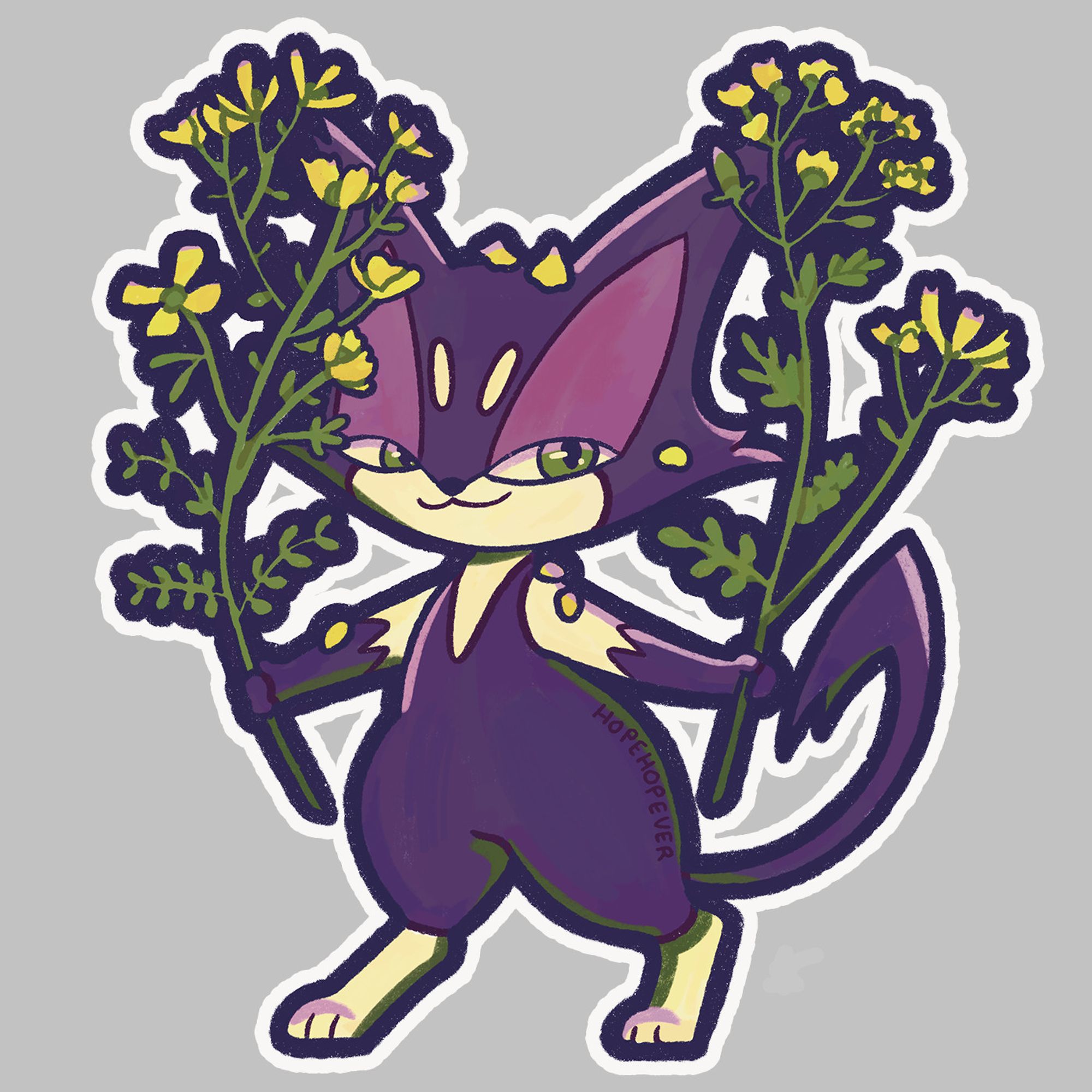 A digital fanart drawing of the Pokemon Purrloin. It's drawn in a textured brush. The Pokemon is posed standing on it's hind legs and holding two springs of the herb rue, one in each paw. It's giving a mischievous look. Signed by the artist: hopehopever.