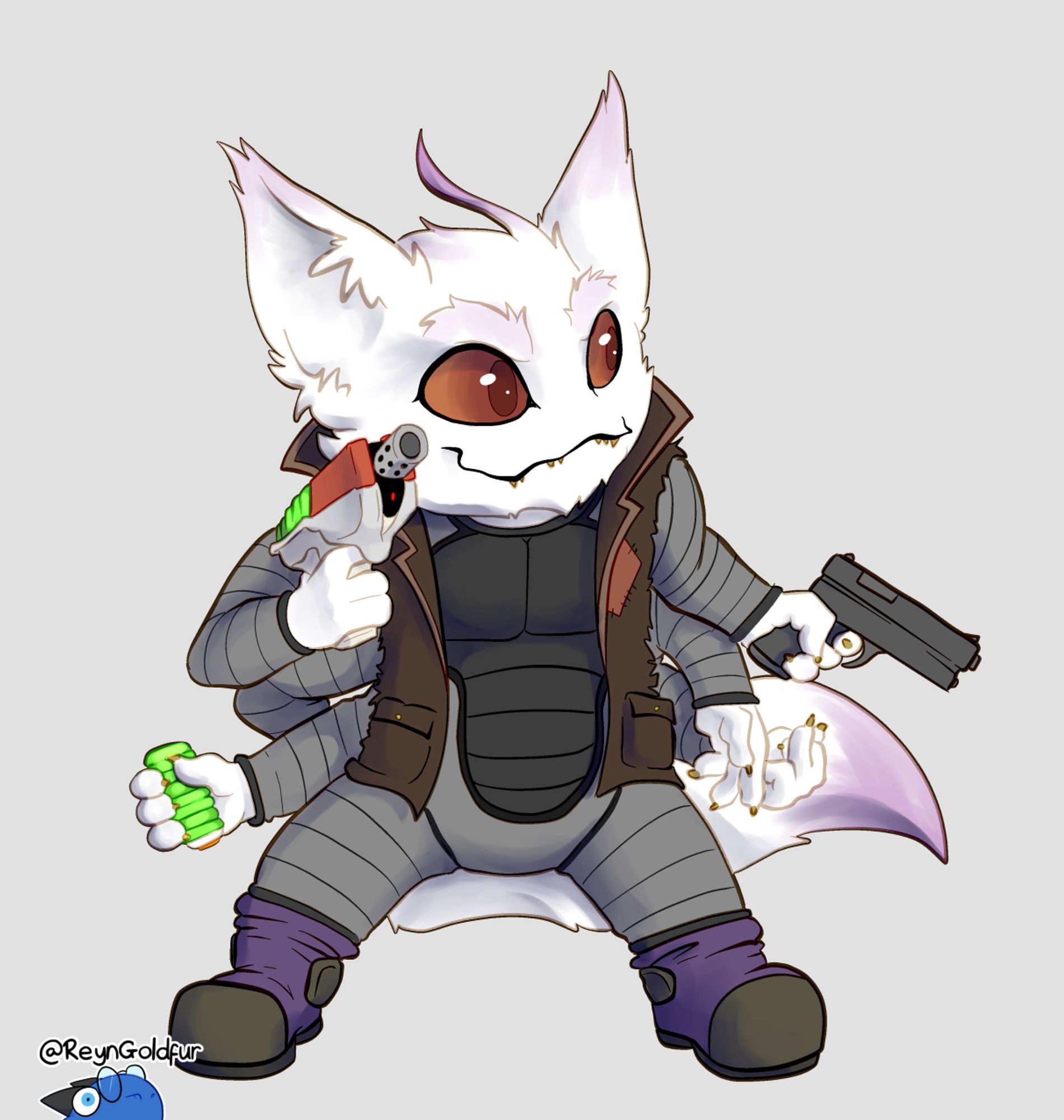 A white-and-pink furred six-armed alien (a Skittermander) stands confidently with a semi-auto pistol in one hand, a laspistol in another, and a fresh battery in a third. Two of his remaining arms are idle while the last one is flipping someone off.