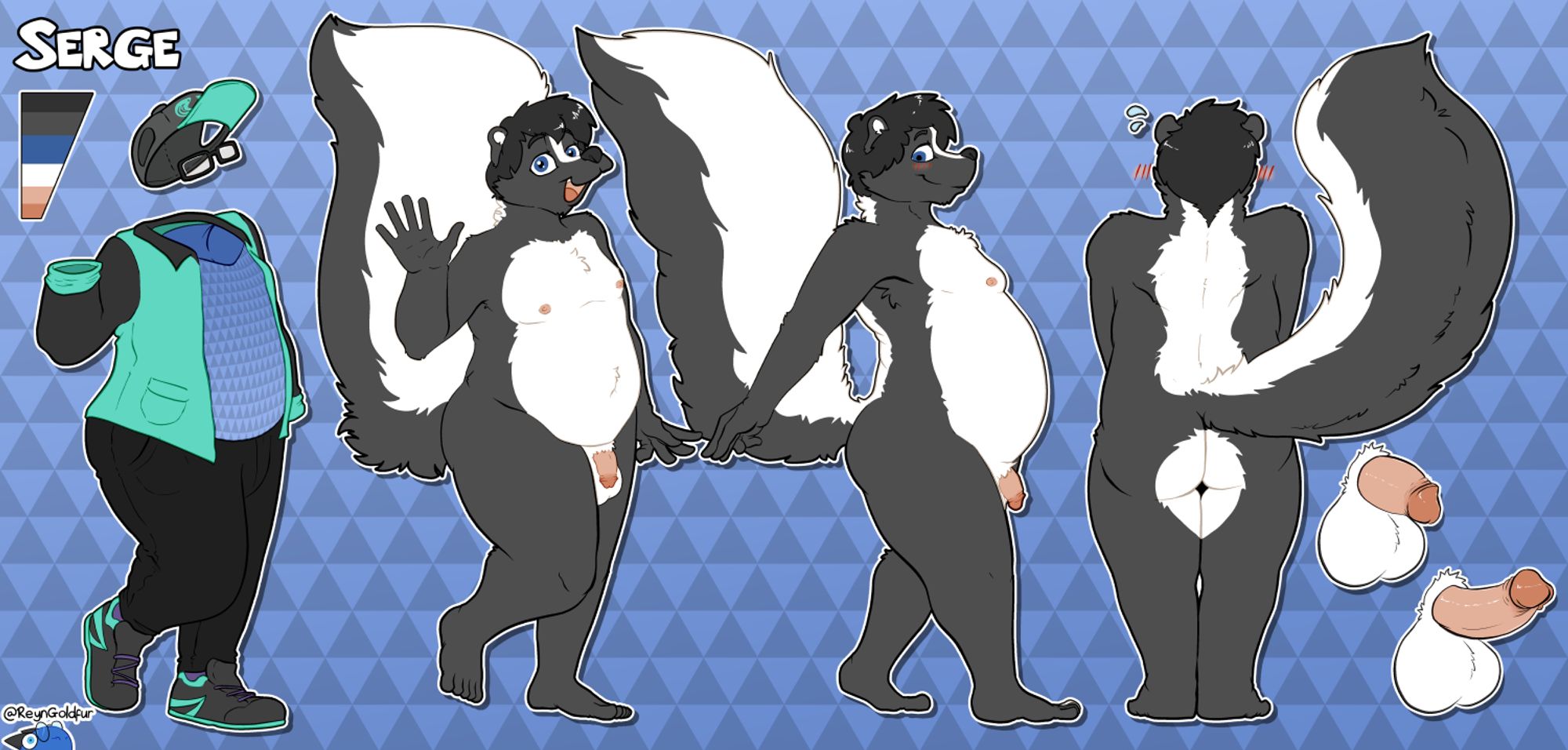 A reference sheet for a chubby skunk character with front, side and rear profiles, genitals, and their usual outfit.