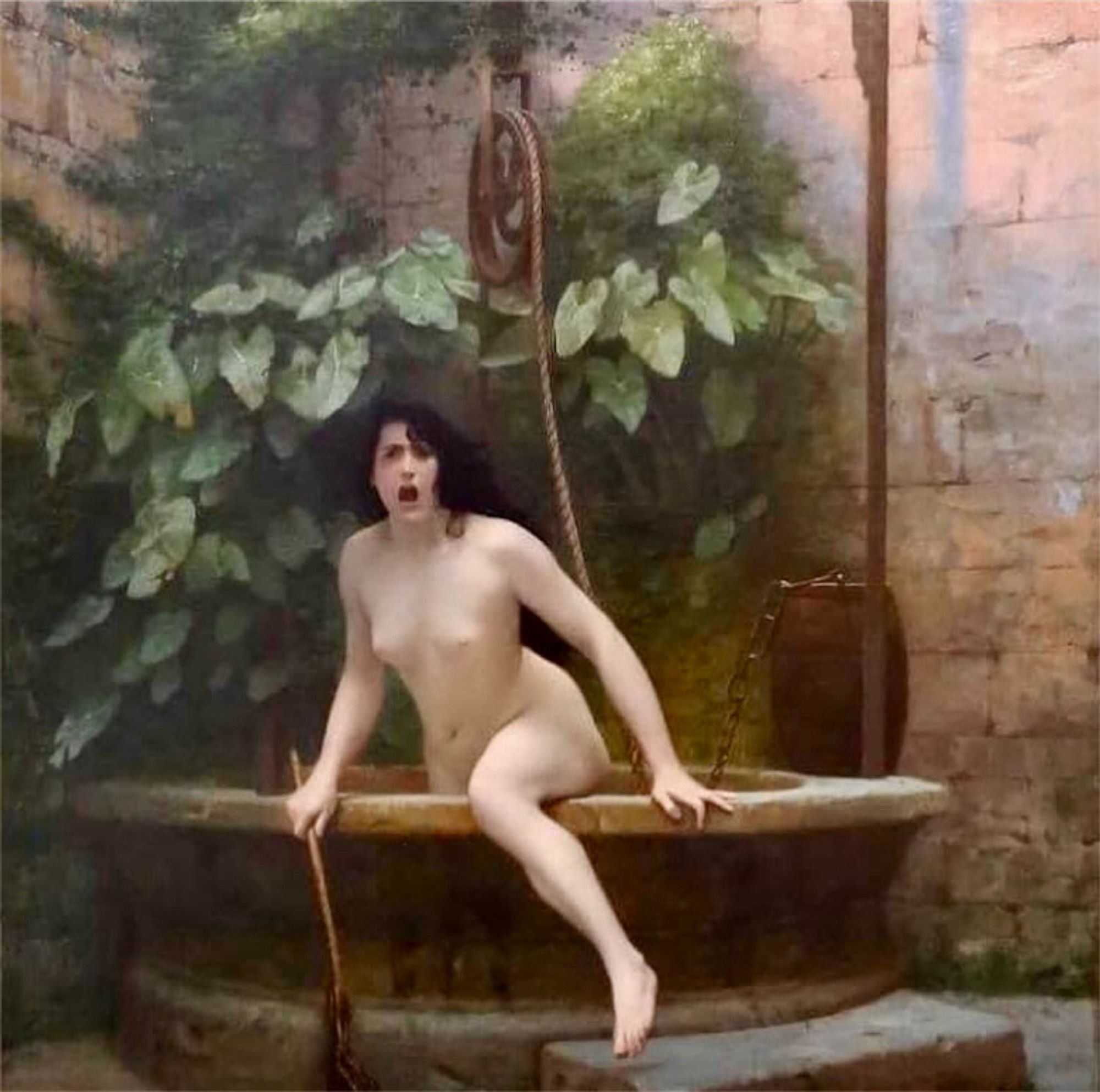 Foto da pintura “A verdade saindo do poço”, Jean-Léon Gèrôme, 1896. Uma mulher nua, saindo de um poço