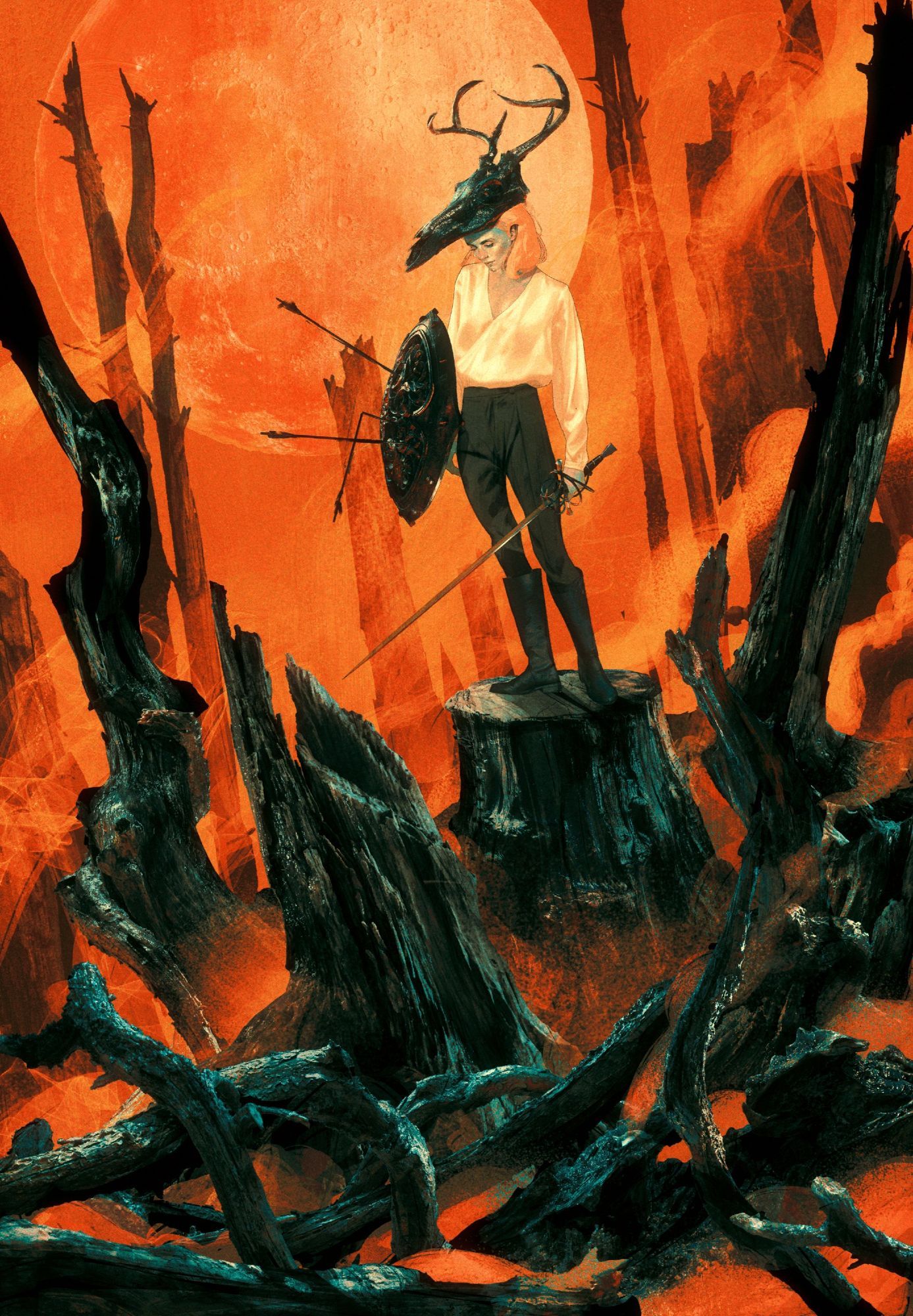 Androgynous figure with sword, shield and animal skull helmet looking pensive in burned forest