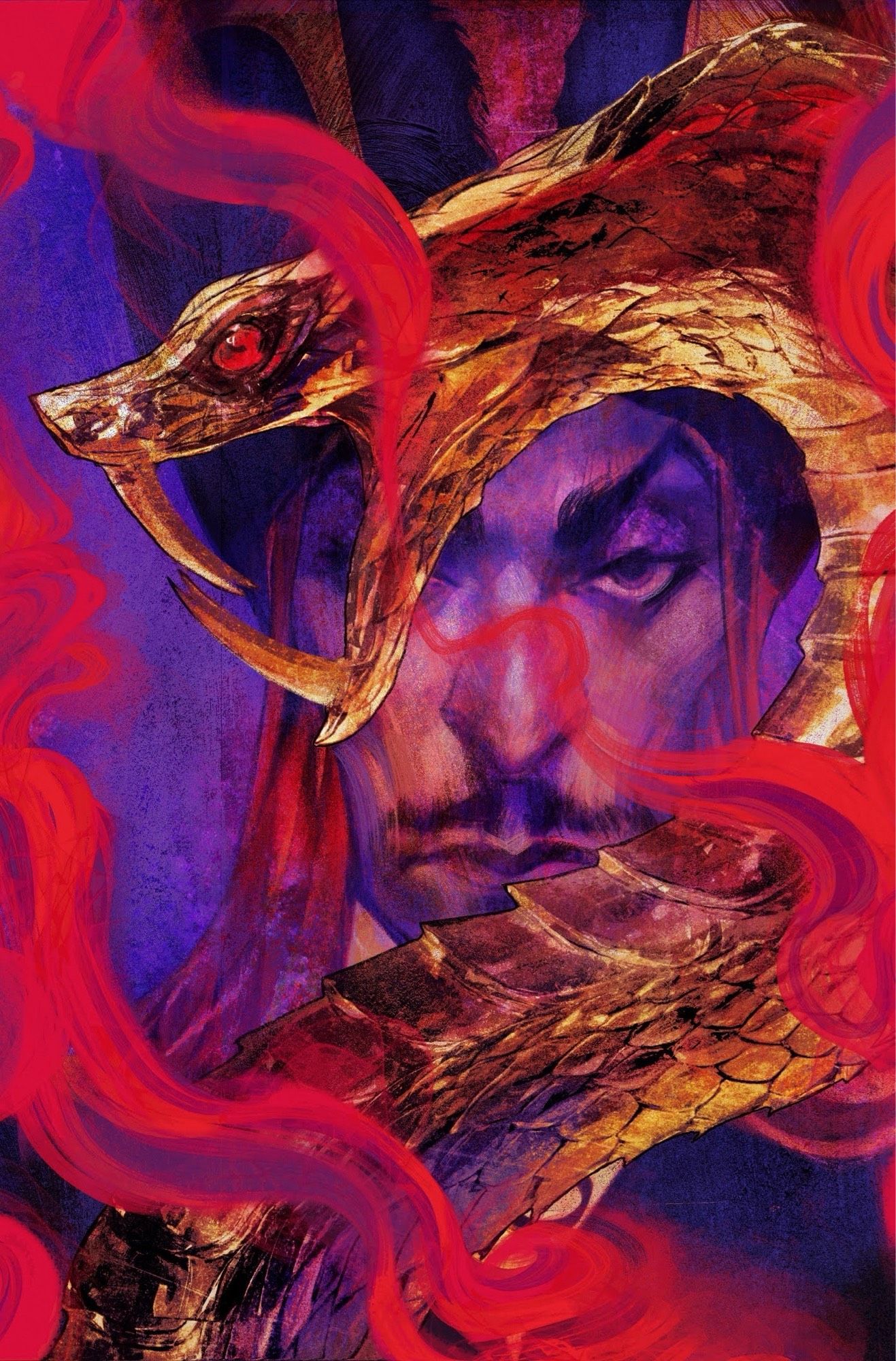 It’s a semi realistic painterly portrait of Jafar from Aladdin, his face framed by his carved golden snake cane. Surrounded by red smoke