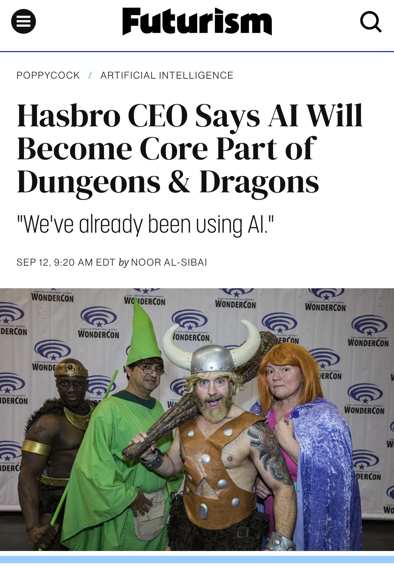 Futurism
POPPYCOCK / ARTIFICIAL INTELLIGENCE
Hasbro CEO Says Al Will Become Core Part of Dungeons & Dragons
"We've already been using Al."
SEP 12, 9:20 AM EDT by NOOR AL-SIBAI