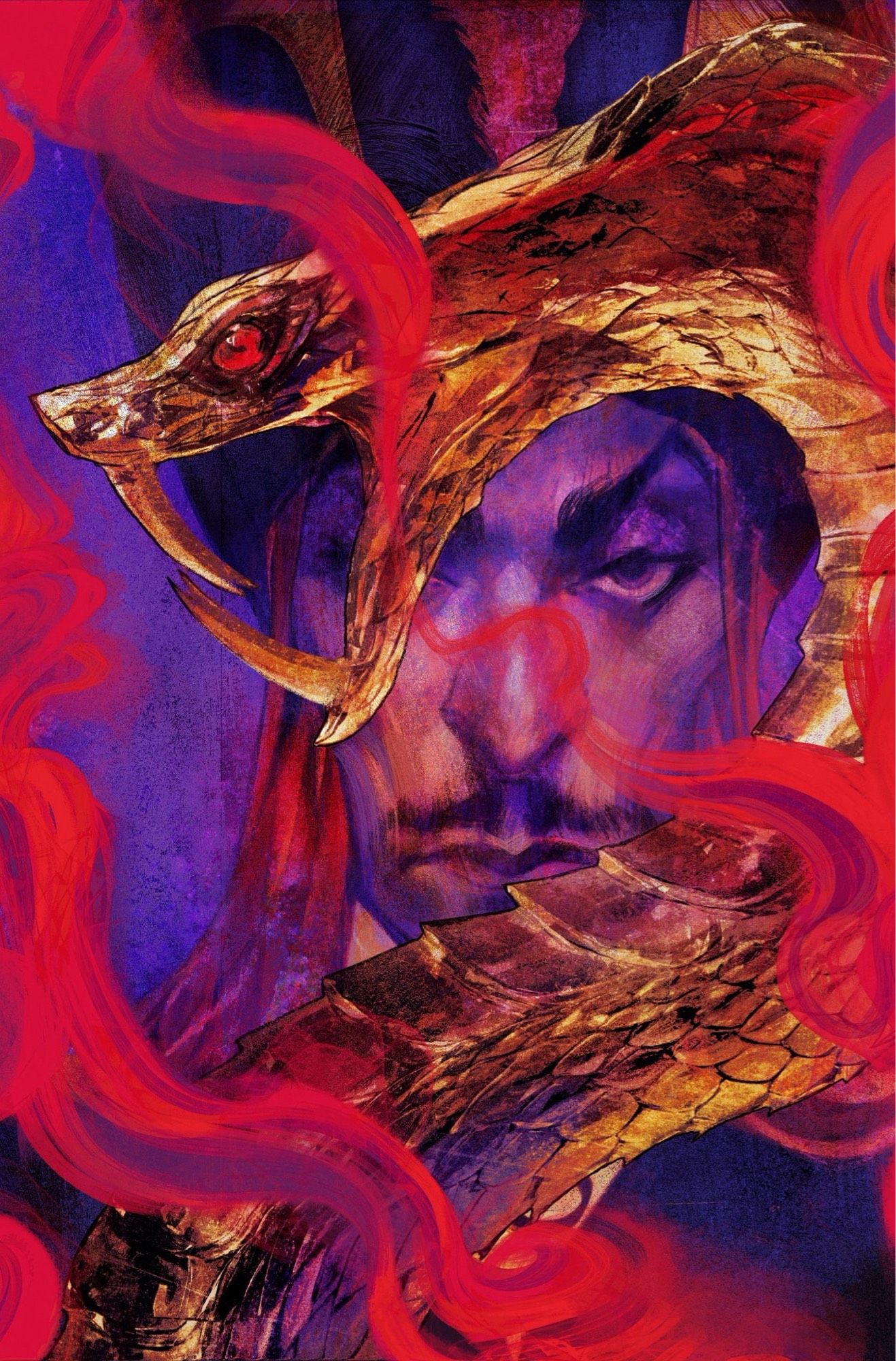 Close up stylized painting of jafar from Aladdin holding his trademark gold carved cobra staff with red jewels for eyes. He is in front of a purple textured backdrop, surrounded by plumes of red smoke. His eyebrows are arched and he is, sadly, serving c word