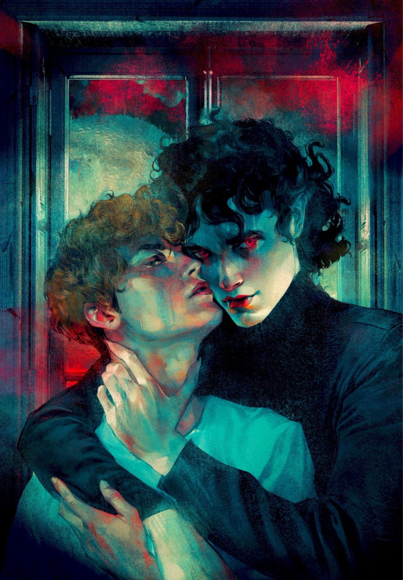 Two young men embracing in a sensual pose, one with his hands gripped around the others throat in a somewhat domineering fashion. The young man holding the others throat has pale luminescent skin, fangs and glowing red eyes and lips, suggesting a vampire. They are posed in front of an old wooden window showing an imposing full moon outside