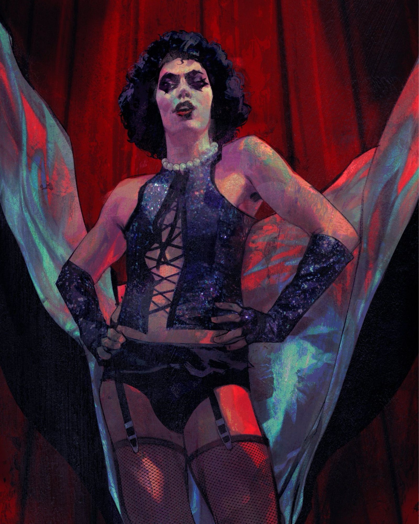 Painting of frankenfurter from rocky horror picture show in his fishnets and sequin corset/gloves in an audacious contraposto pose, snarl singing at the camera in front of red velvet theater curtains. His glittery cape is posed as tho it is actively erupting off his body