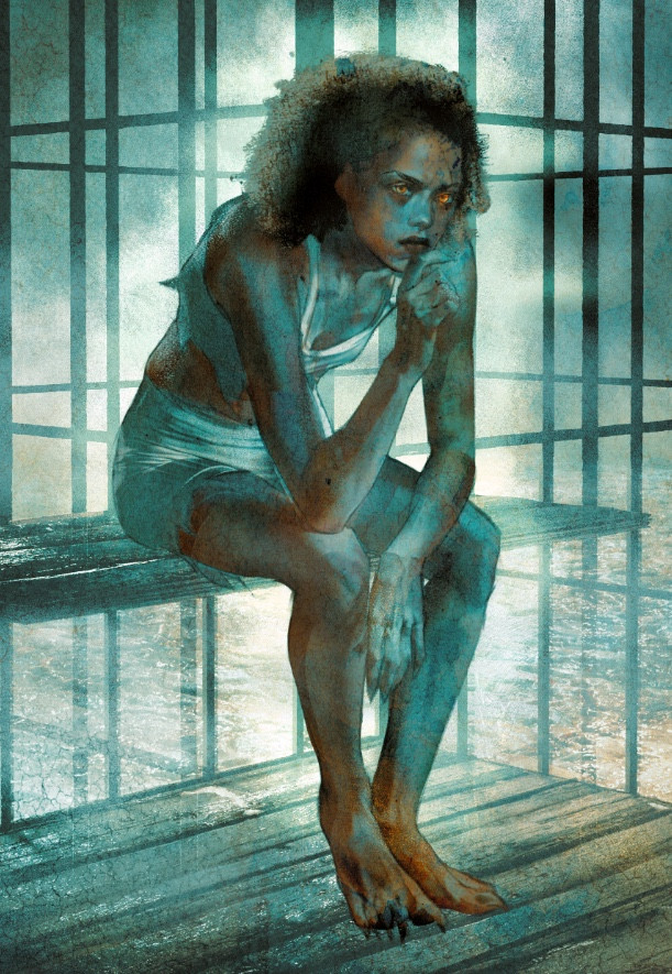 Young woman in an iron cage in tattered clothes with claw like fingers and toes glares at the viewer with yellow glowing eyes