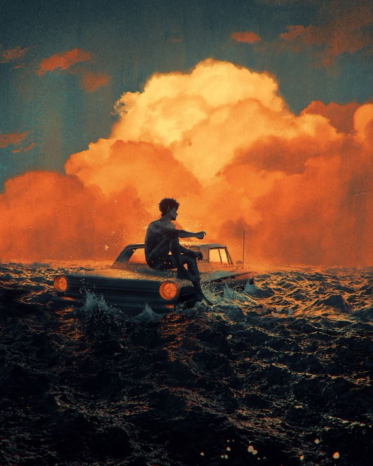 Male figure sitting on a car adrift in the ocean at sunset