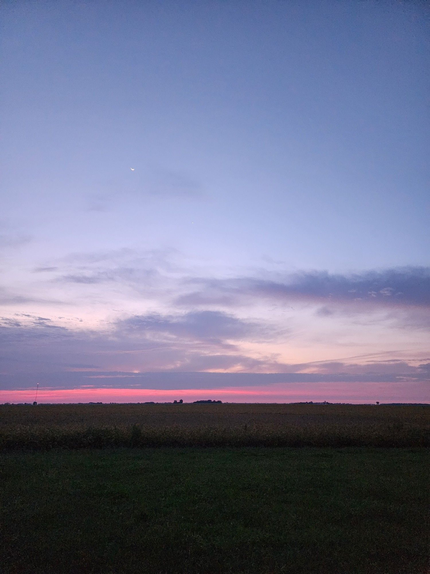 Sunrise, sliver of moon and Saturn, taken at 6am in the central prairie of Illinois.