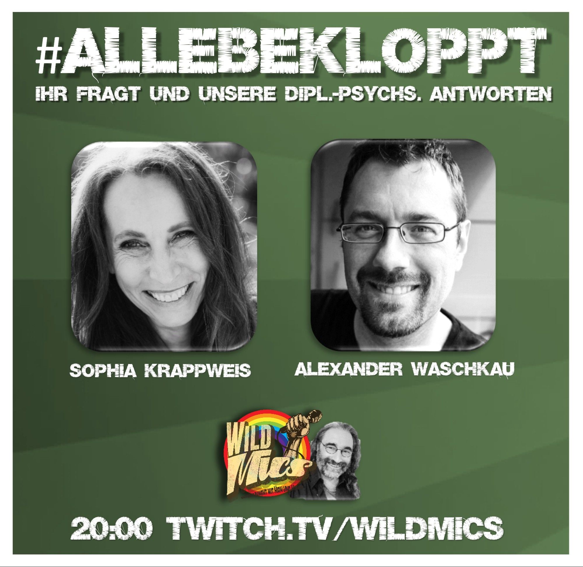 Grafische Darstellung der Ankündigung des Livestreams #allebekloppt mit Logo des Kanals WildMics, Fotos von Sophia, Alexander und Moderator Tommy, der Uhrzeit 20:00 und dem Link twitch.tv/wildmics