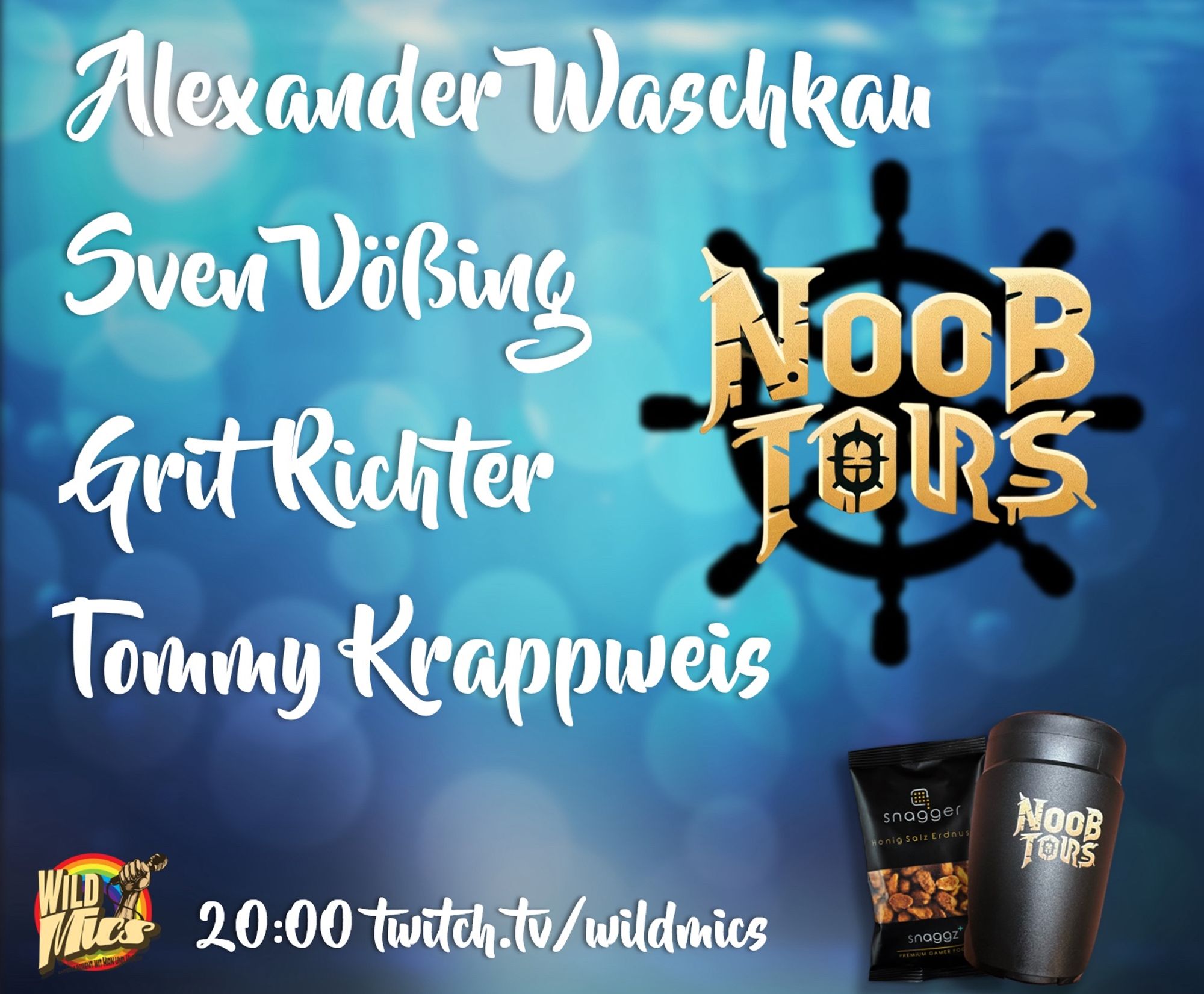 Grafische Ankündigung des Livestreams Noob Tours mit Alexander Waschkau, Sven Vößing, Grit Richter und Tommy Krappweis. 20:00 twitch.tv/wildmics
Im rechten unteren Eck ist ein Snagger mit Snacks zu sehen. Ein Snagger ist ein handlicher Behälter, der auf Druck unten Erdnüsse auswirft, damit die Hände sauber bleiben.