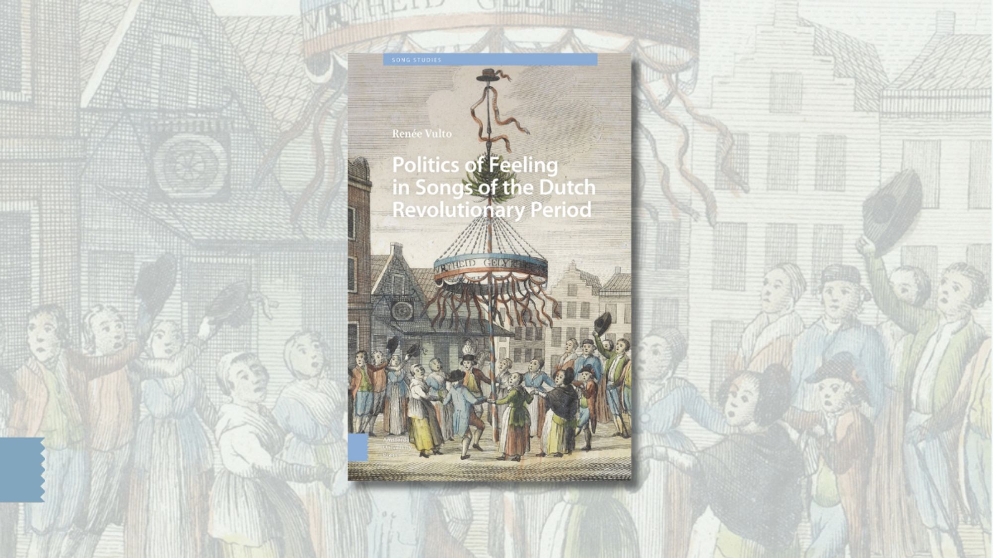 bookcover with etching of 17th century dutch village party, with people gathered around a maypole