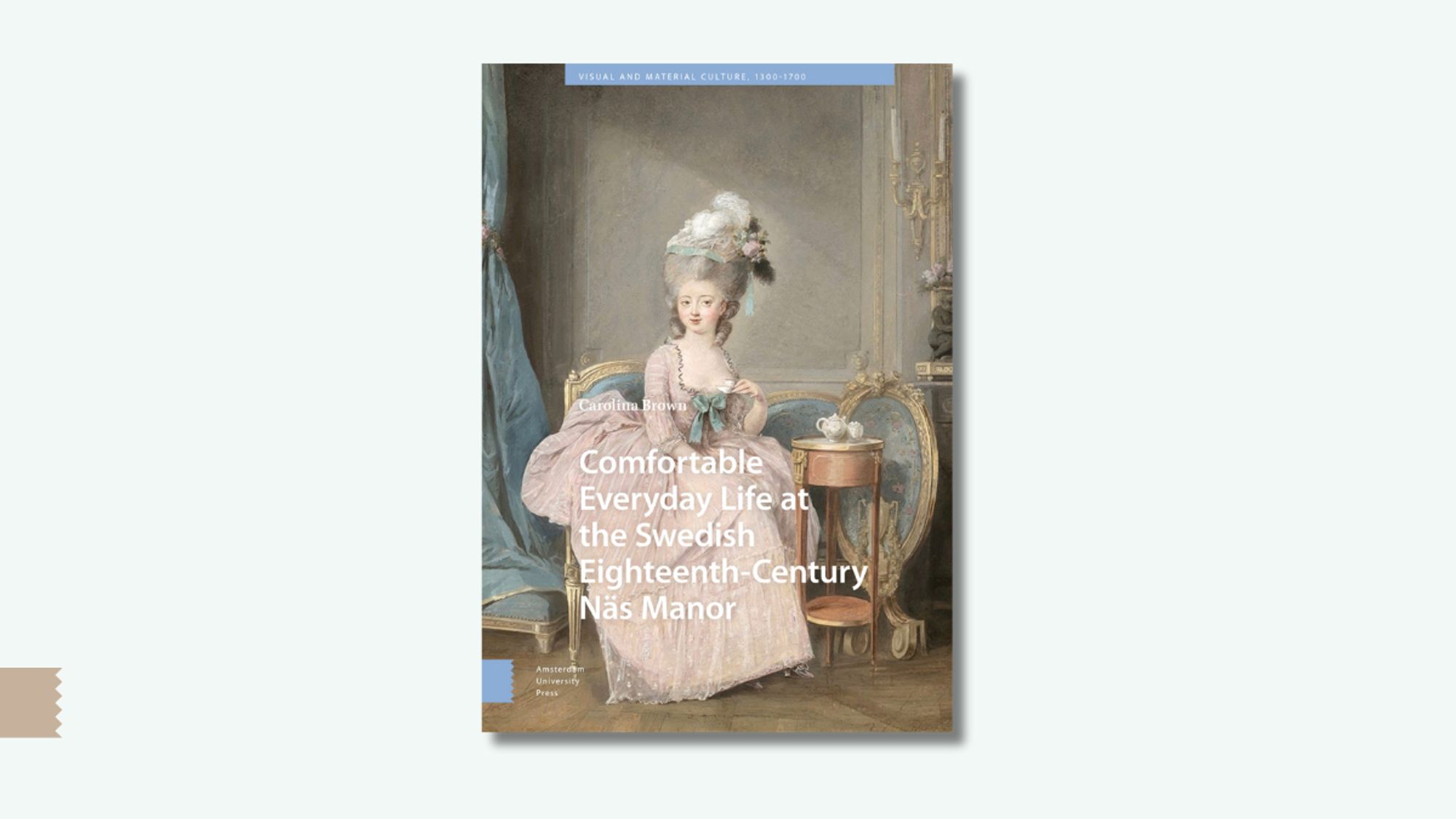 book cover with painting of 18th century woman in pink gown sat in opulent living room