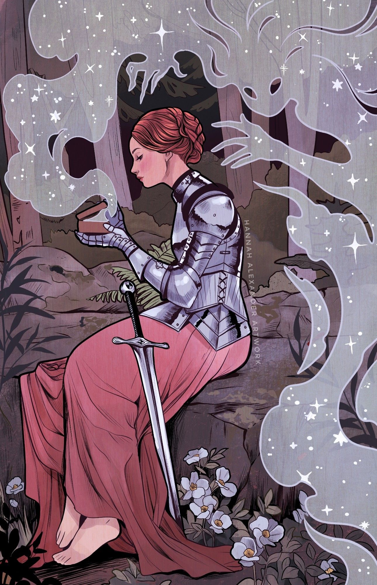 A redheaded woman in armour sits on a rocky outcropping. She is opening a small box, from which a star-speckled spirit emerges.